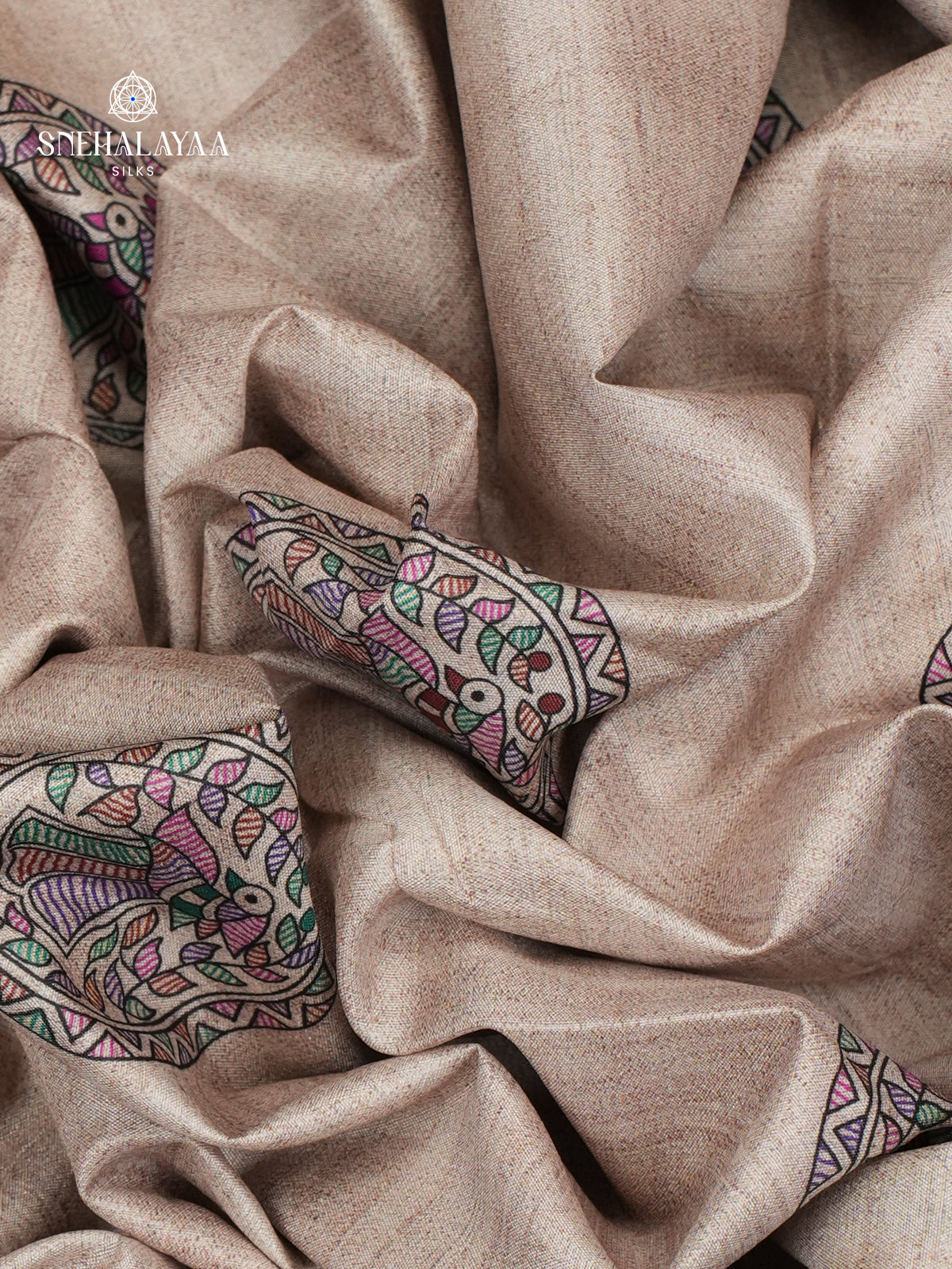 Beige With Blue Border Madhubani Saree