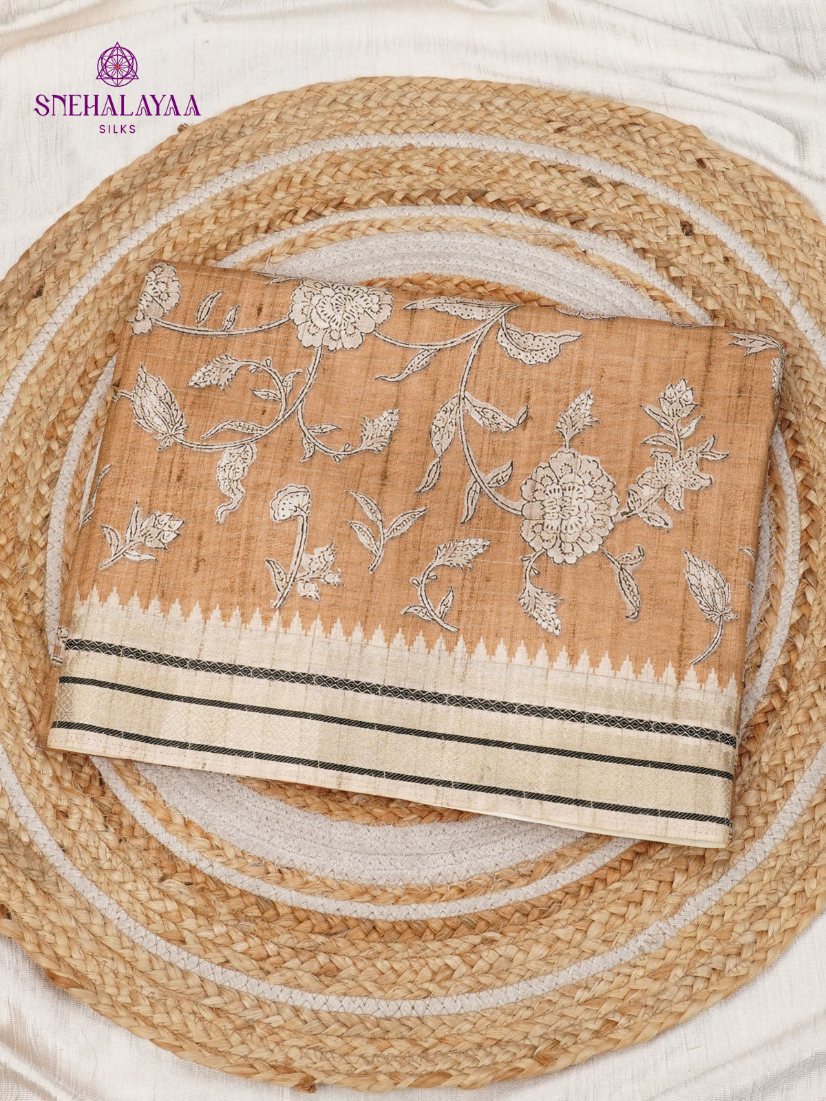 Mustard Floral Printed Tussar Saree