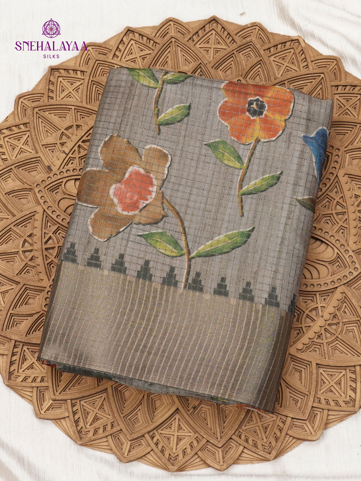 Grey Floral Printed Tussar Saree