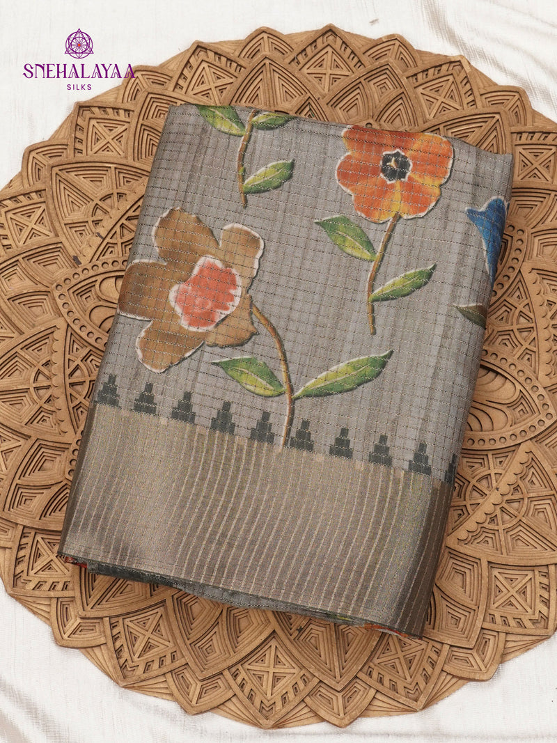 Grey Floral Printed Tussar Saree