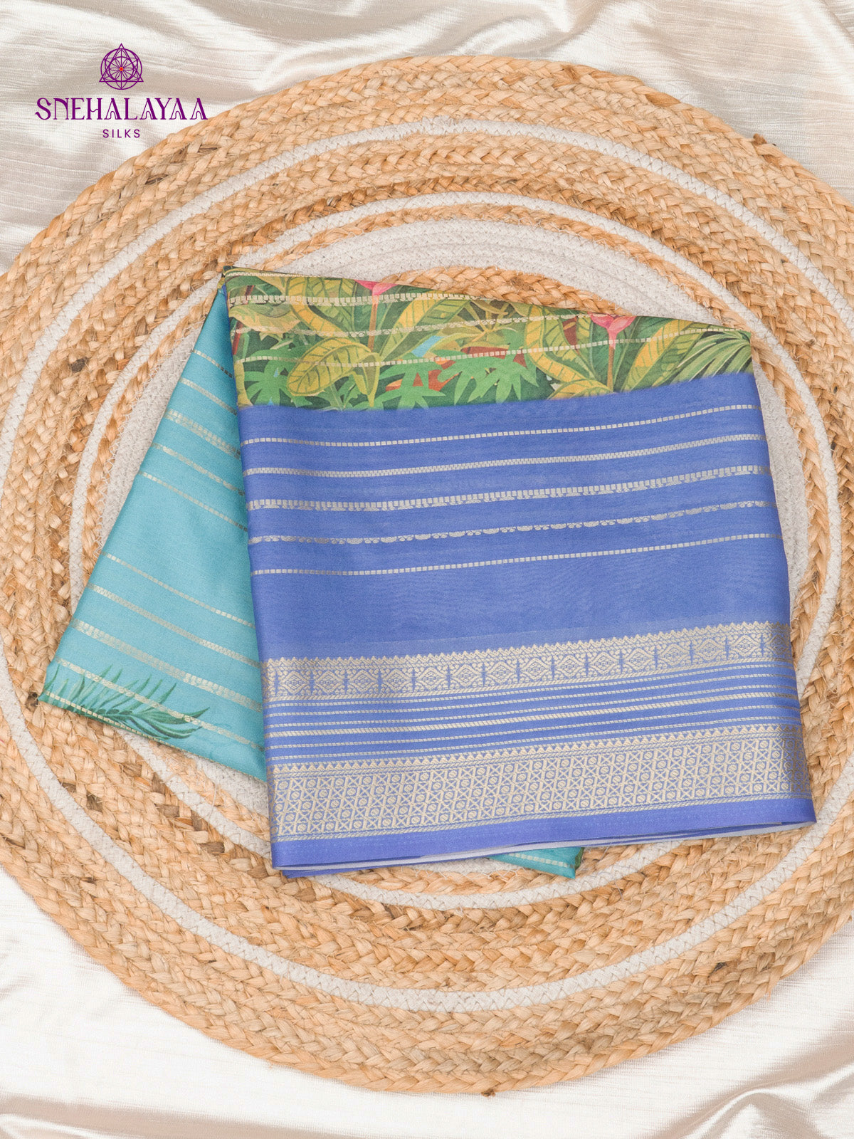 Aqua Blue Printed Mysore Silk Saree