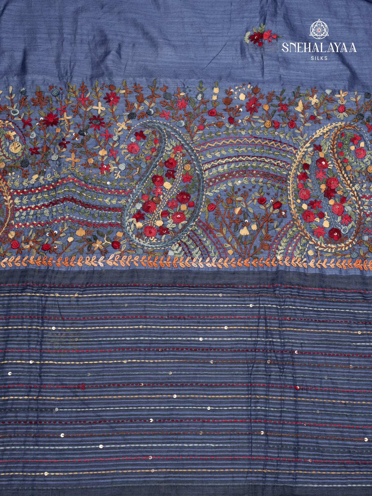 Denim Blue Raw Silk Embroidery Saree