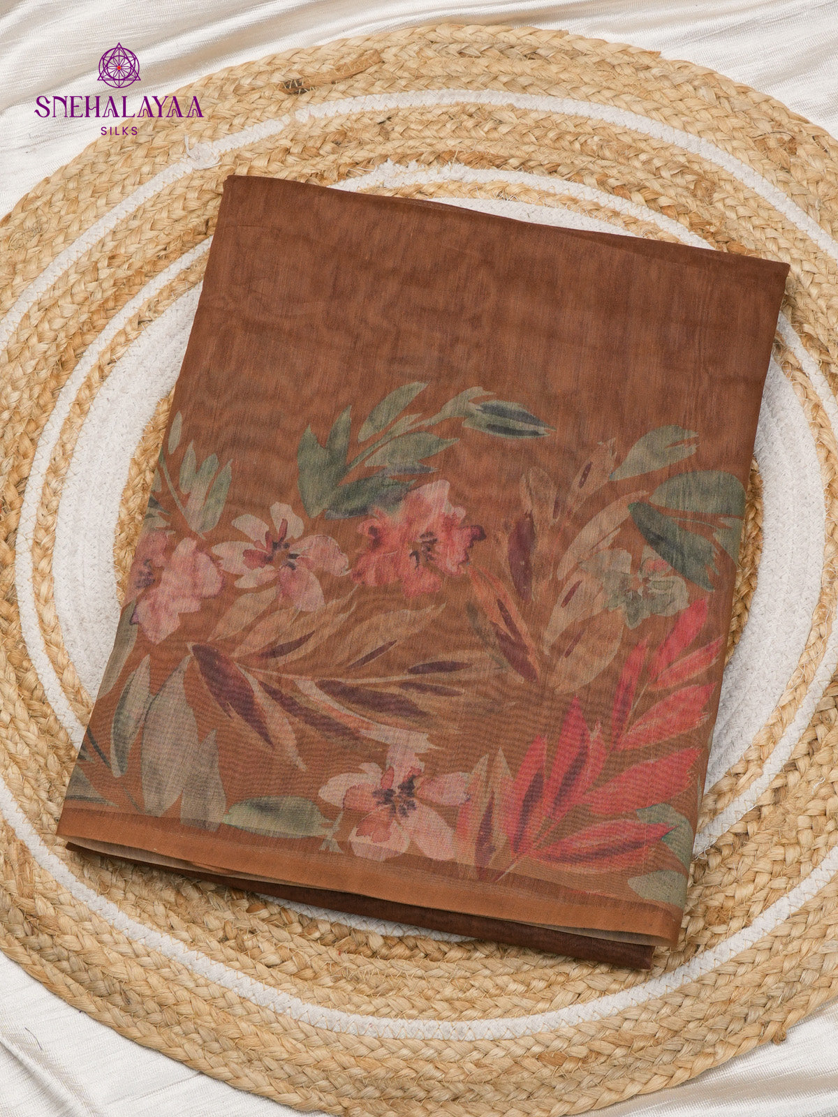 Brown Printed Linen Saree