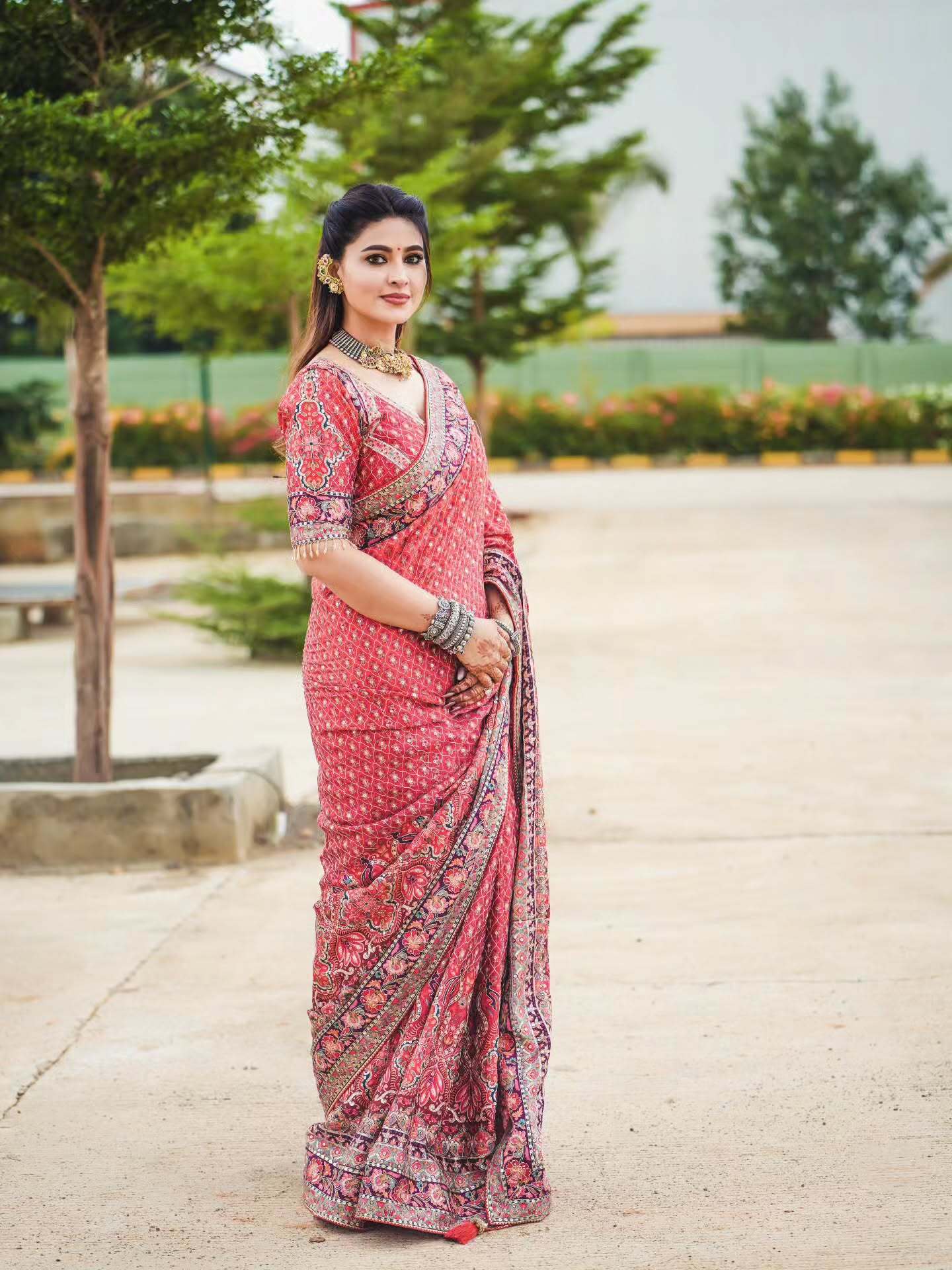 Red Designer Saree with Sequin Work & Readymade Blouse