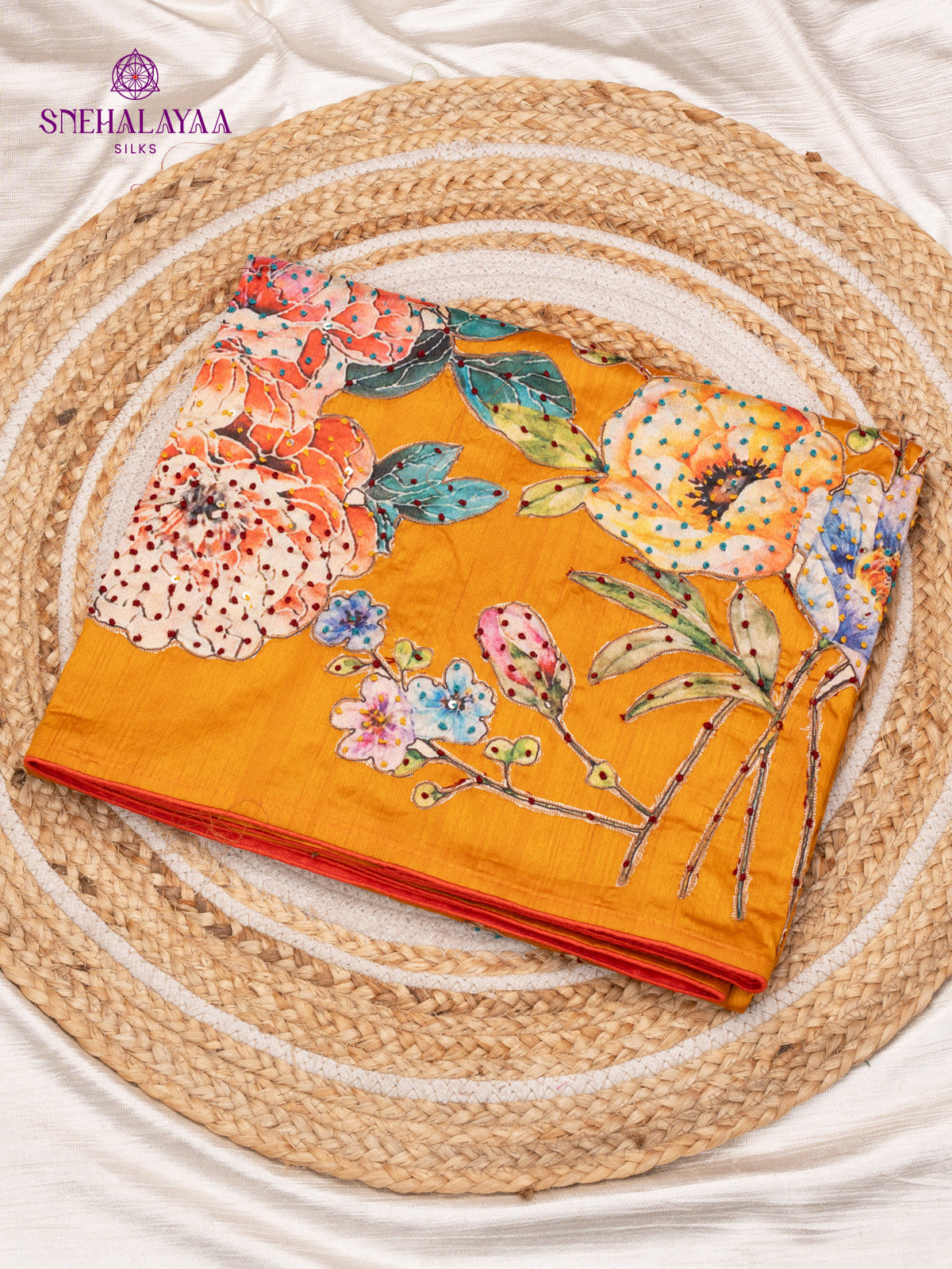 Mustard Yellow Raw Silk Embroidery Saree