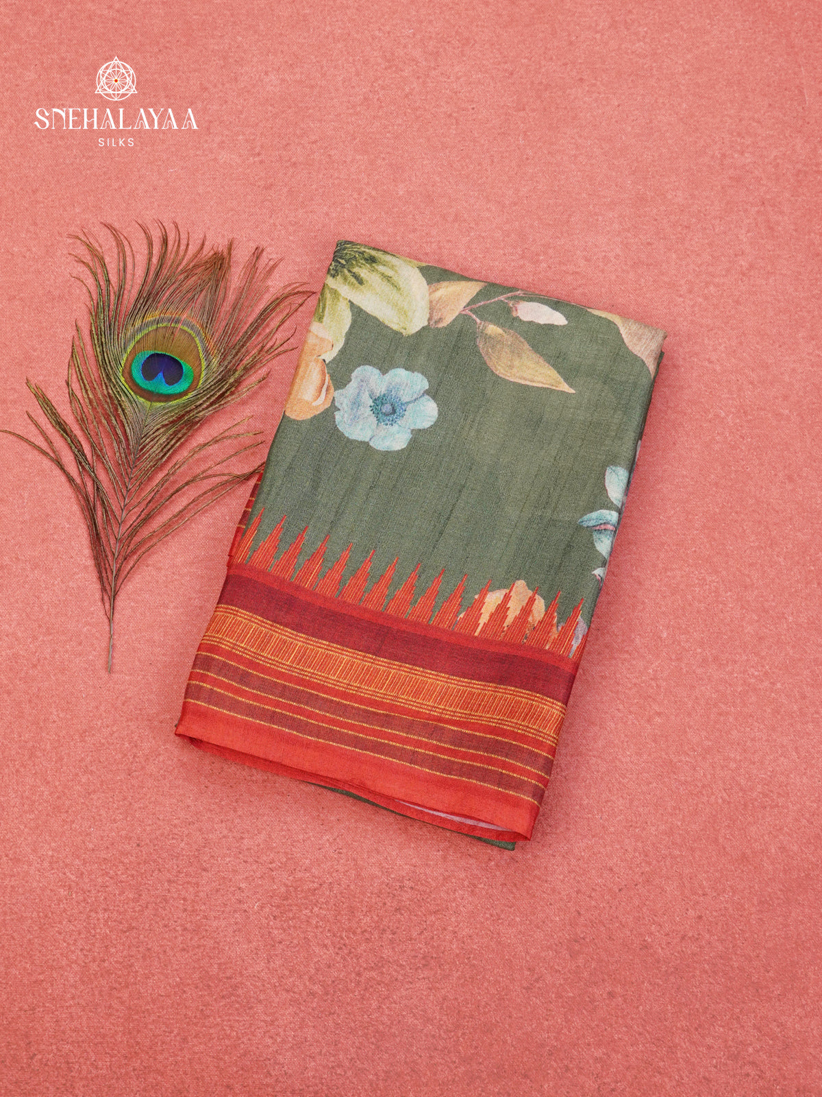 Olive Green Printed Creap Saree