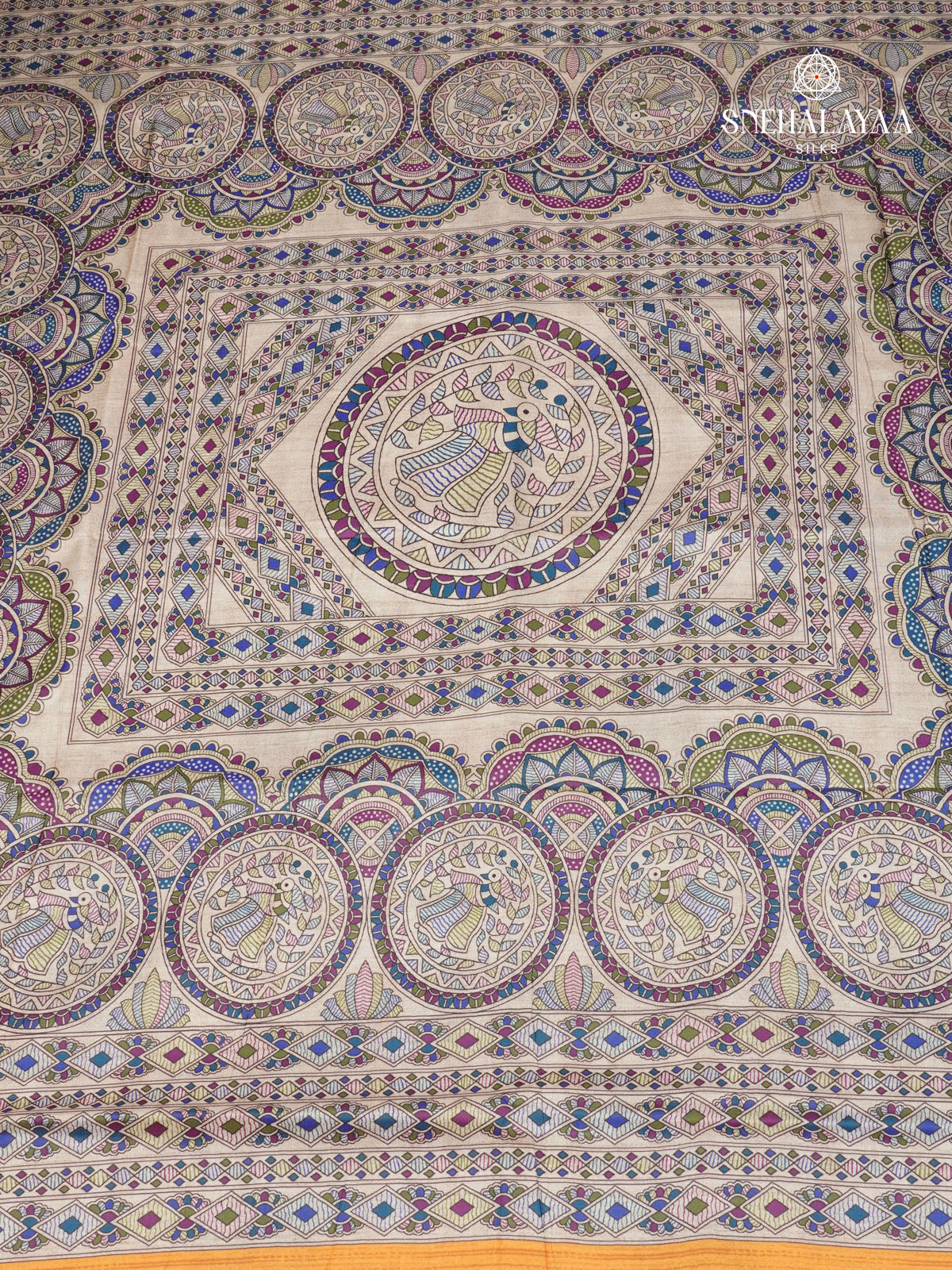 Beige With Yellow Border Madhubani Saree