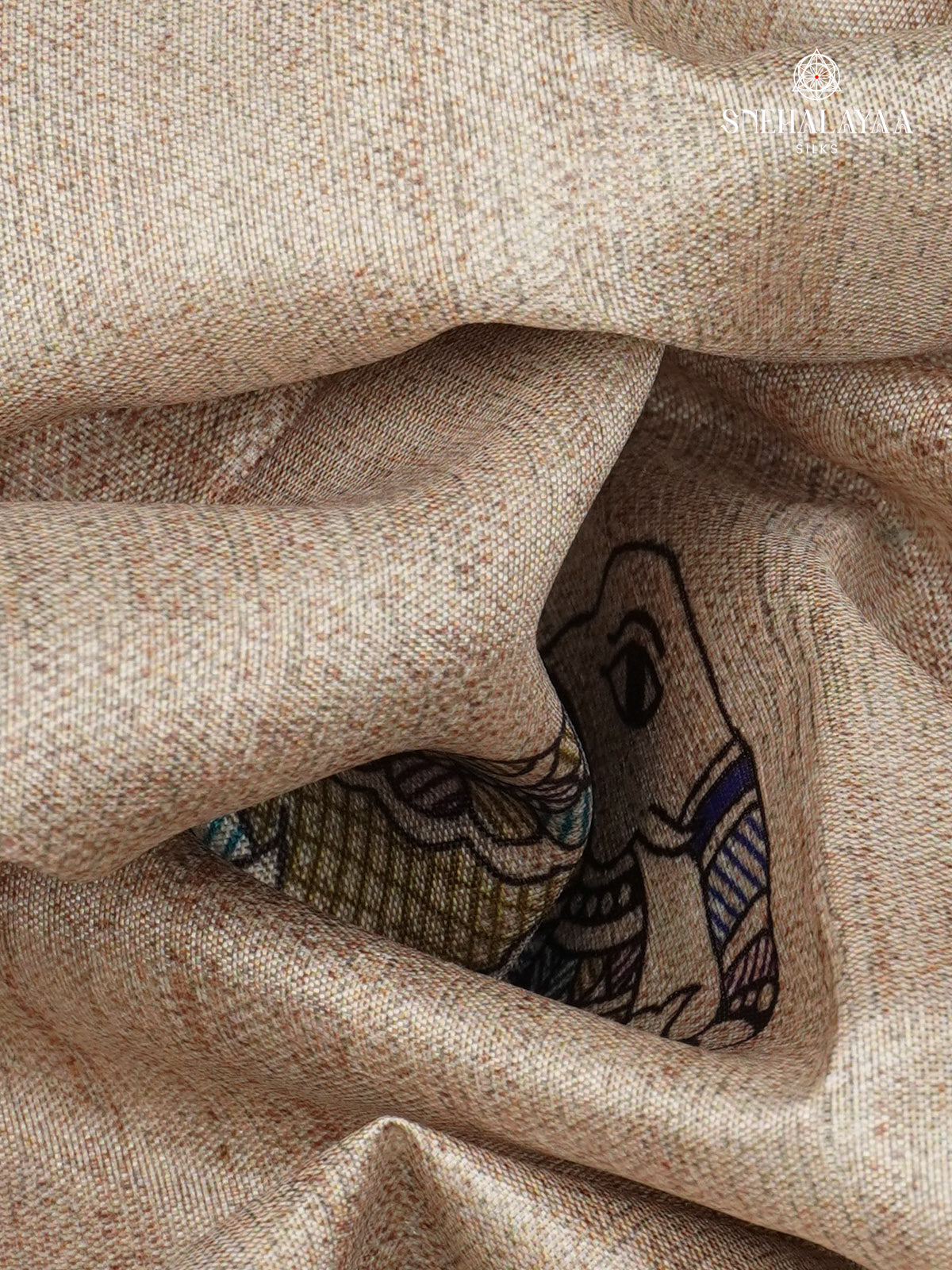 Beige With Blue Border Madhubani Saree