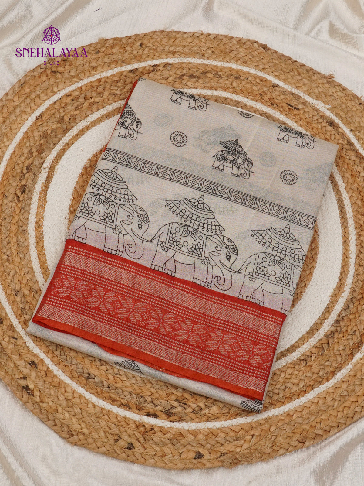 Off-White Kalamkari Saree with Red Woven Border