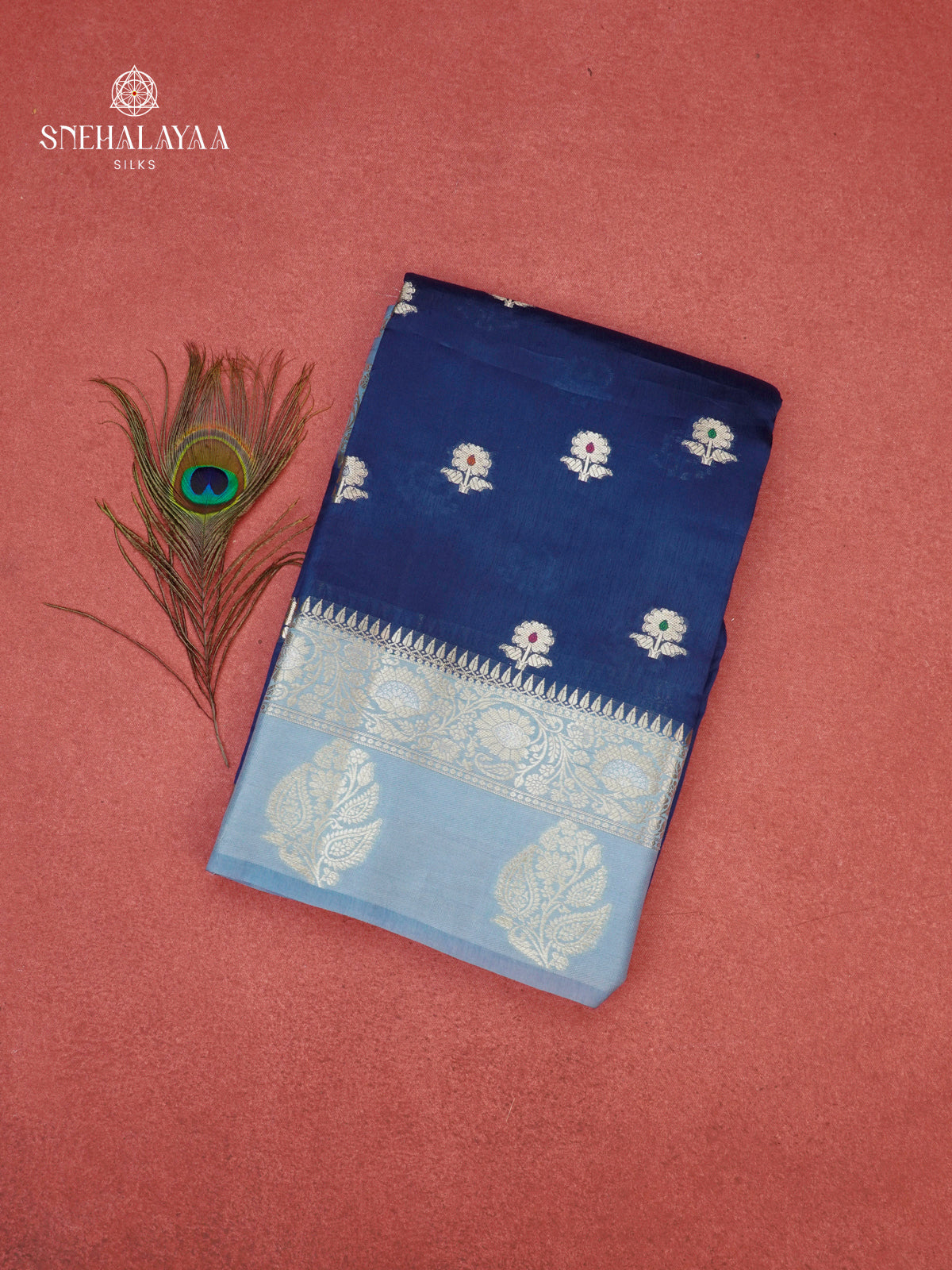 Navy Blue Banaras Dupion Silk Saree