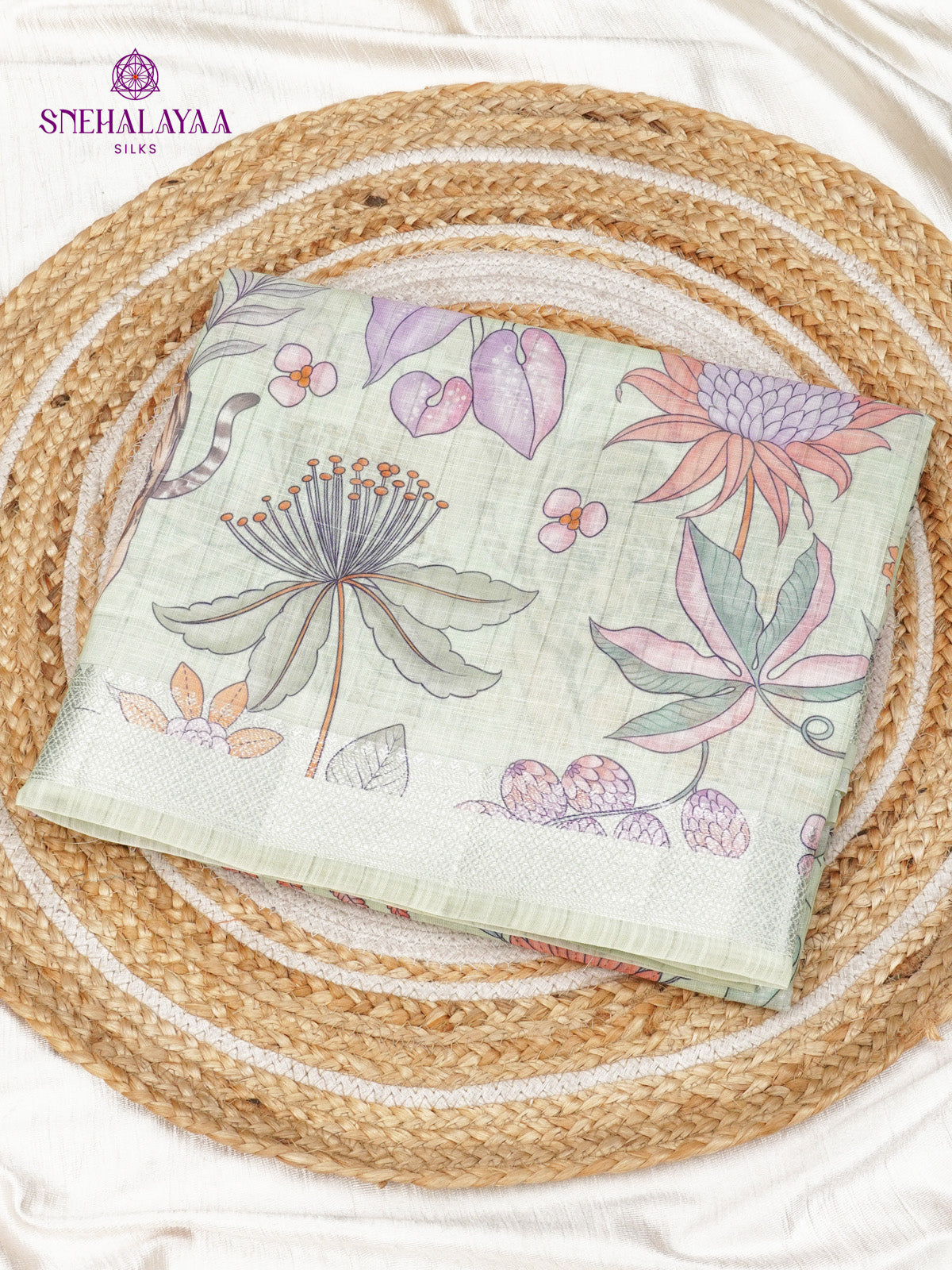 Pastel Green Printed Linen Saree