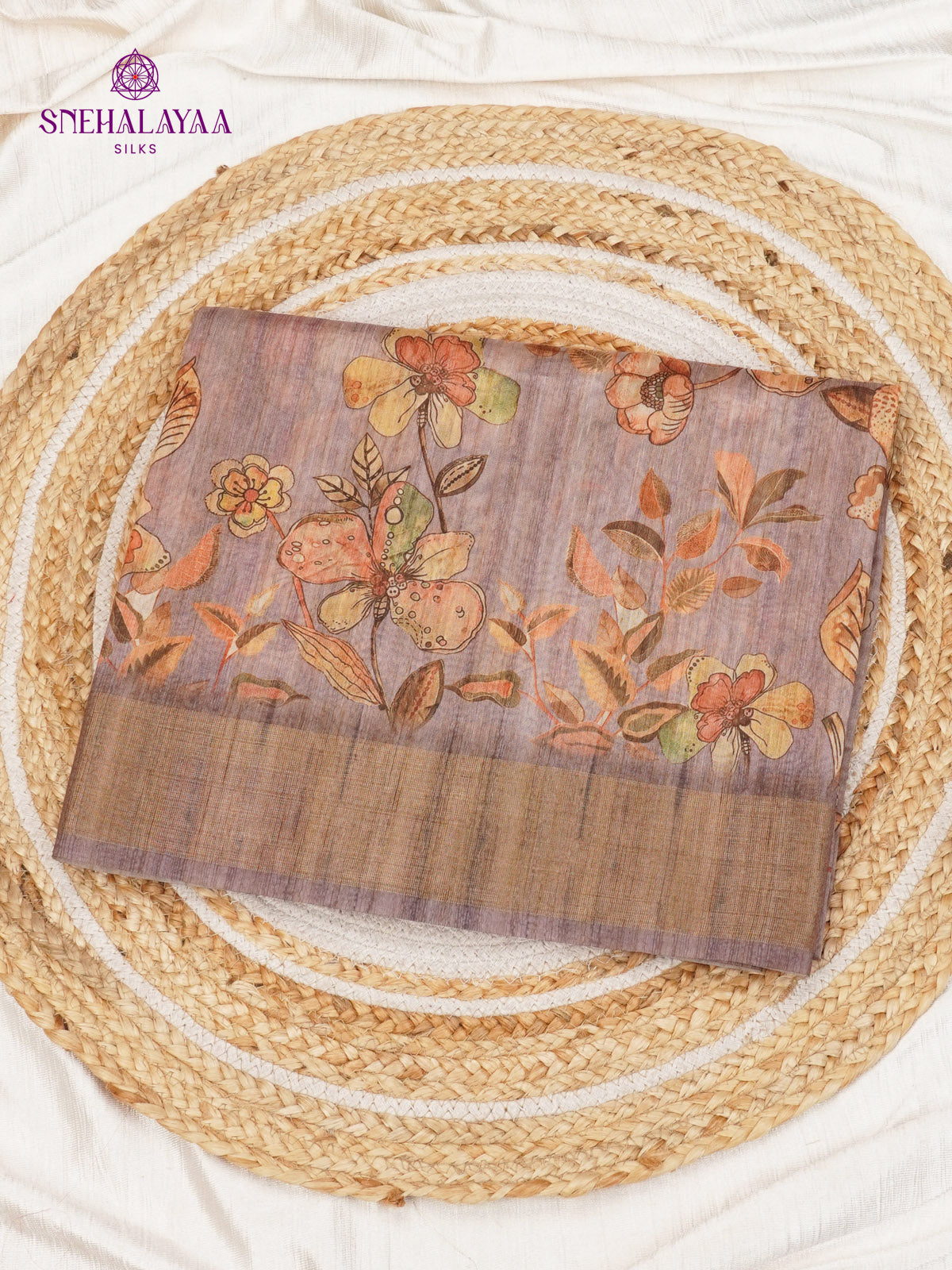 Brown Floral Printed Tussar Saree