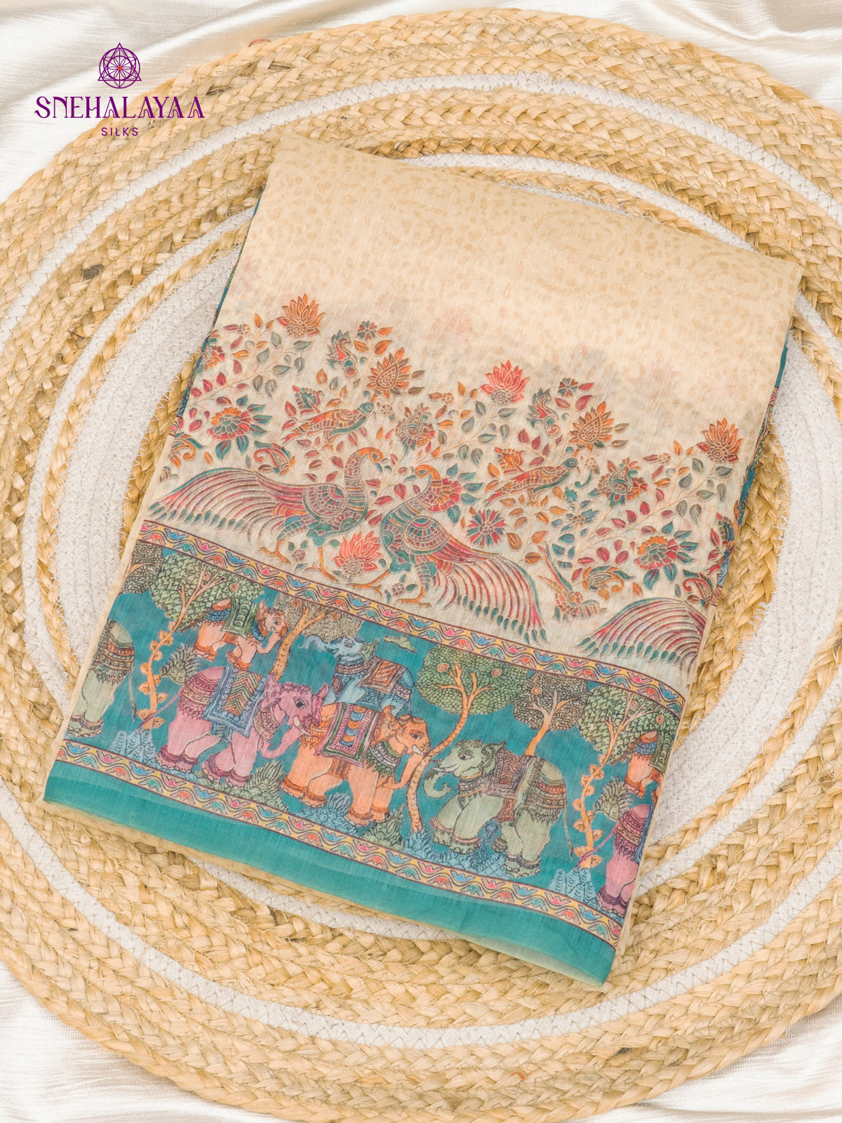 Beige With Blue Border Linen Saree