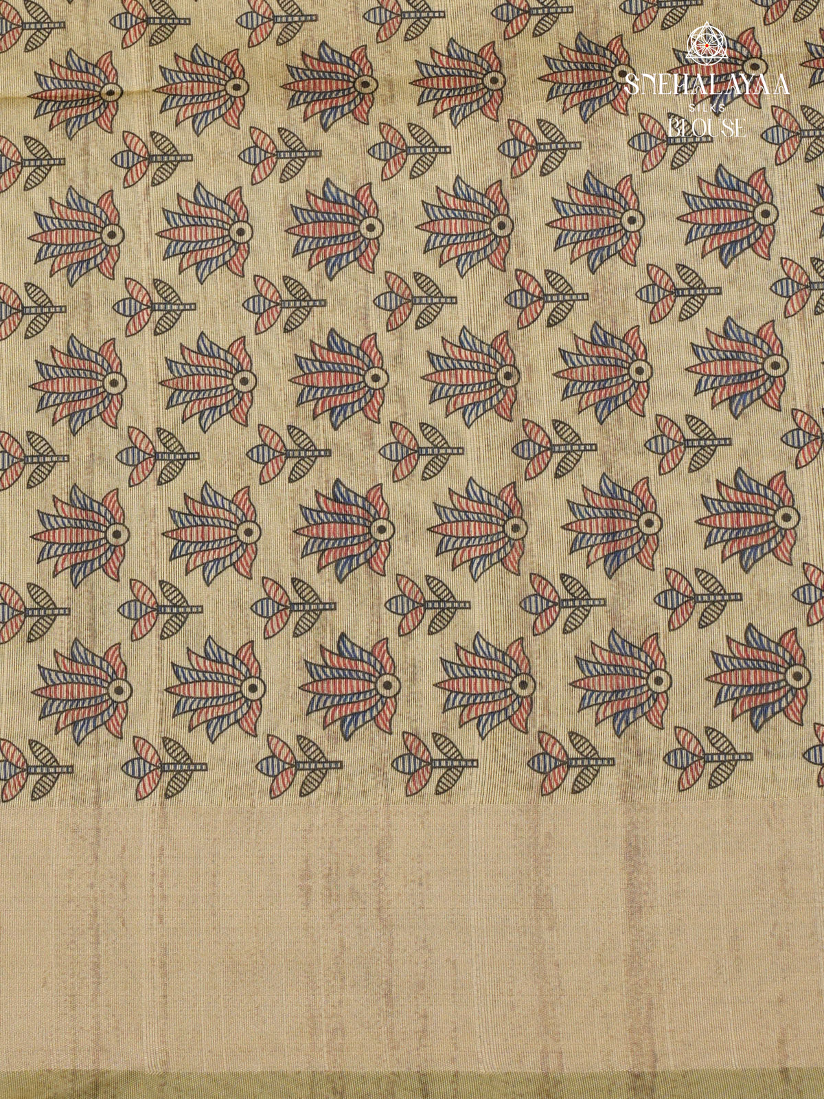 Olive Green Madhubani Printed Saree