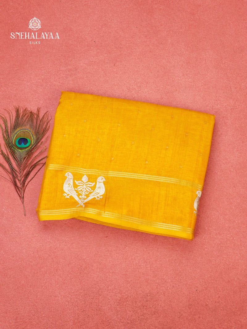 Mango Yellow Munga Tussar Embroidery Saree