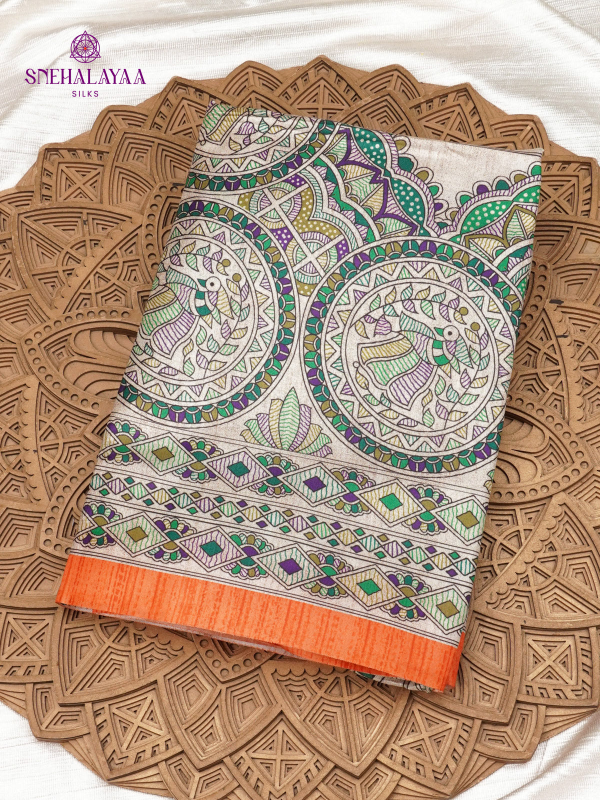 Beige With Orange Border Madhubani Saree