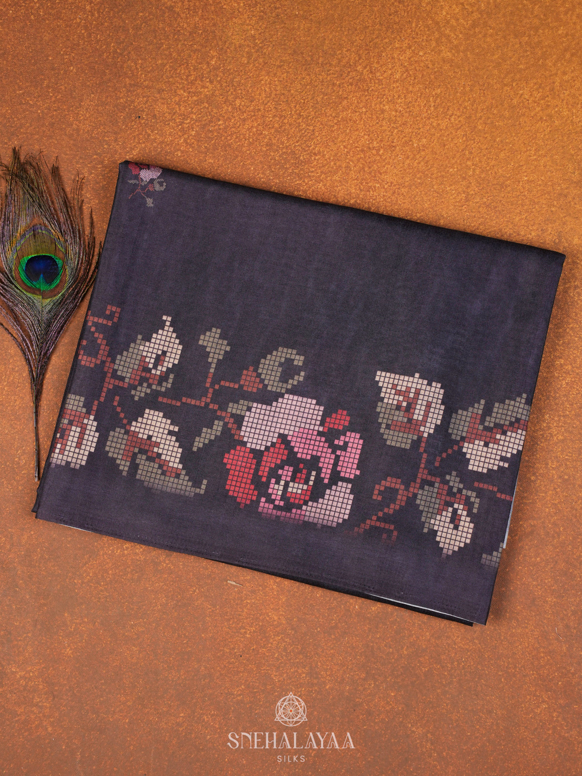 Purple Floral Printed Tussar Saree