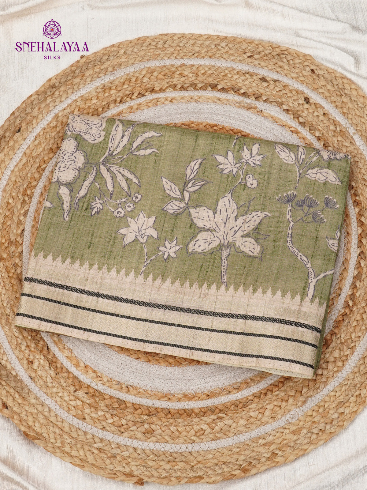 Olive Green Floral Printed Tussar Saree