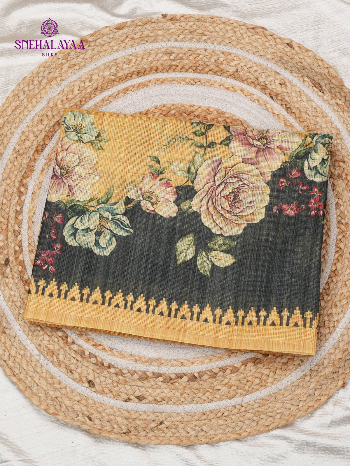 Mustard Yellow With Black Border Printed Kota Saree