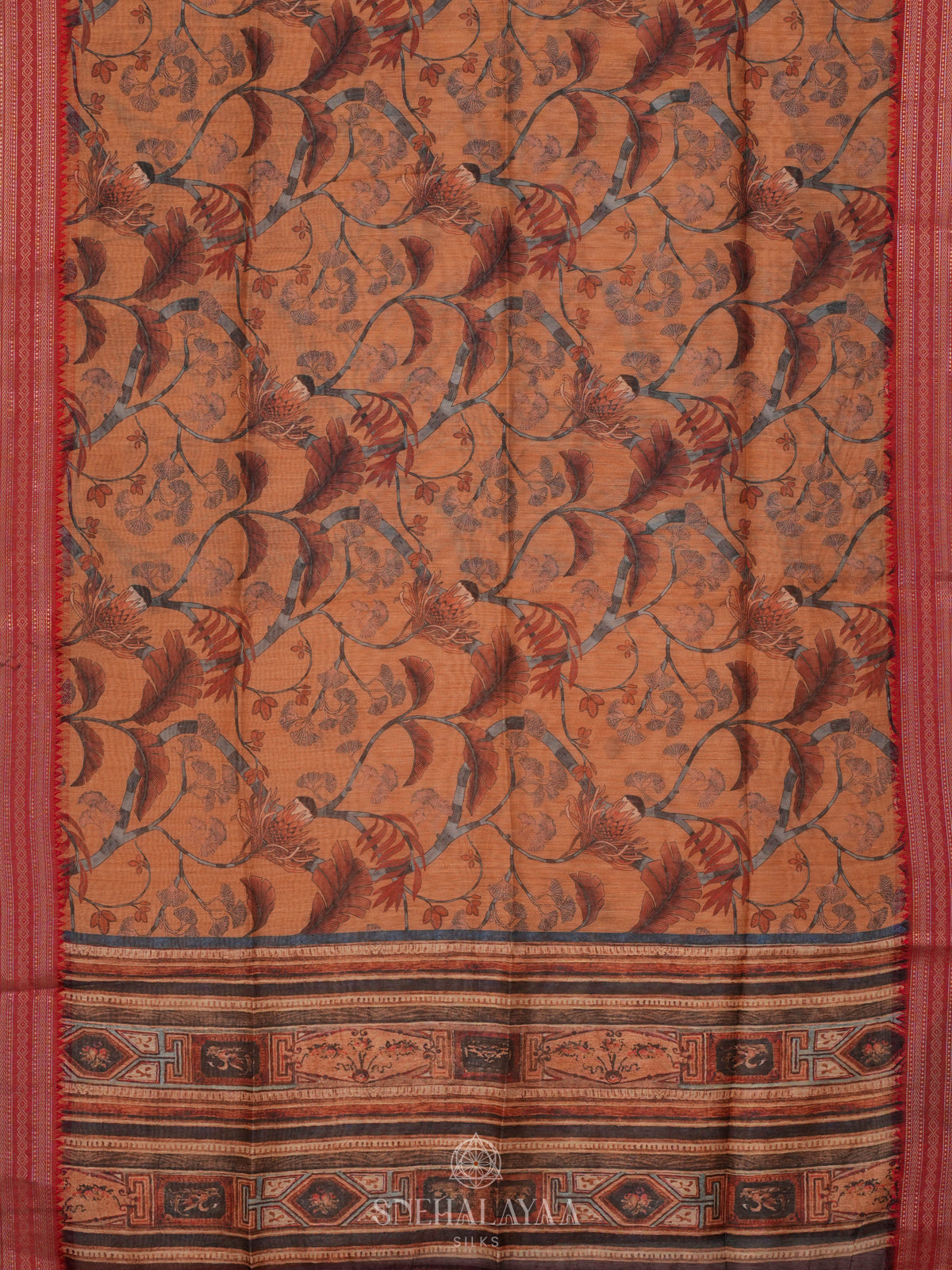 Orange Printed Linen Saree
