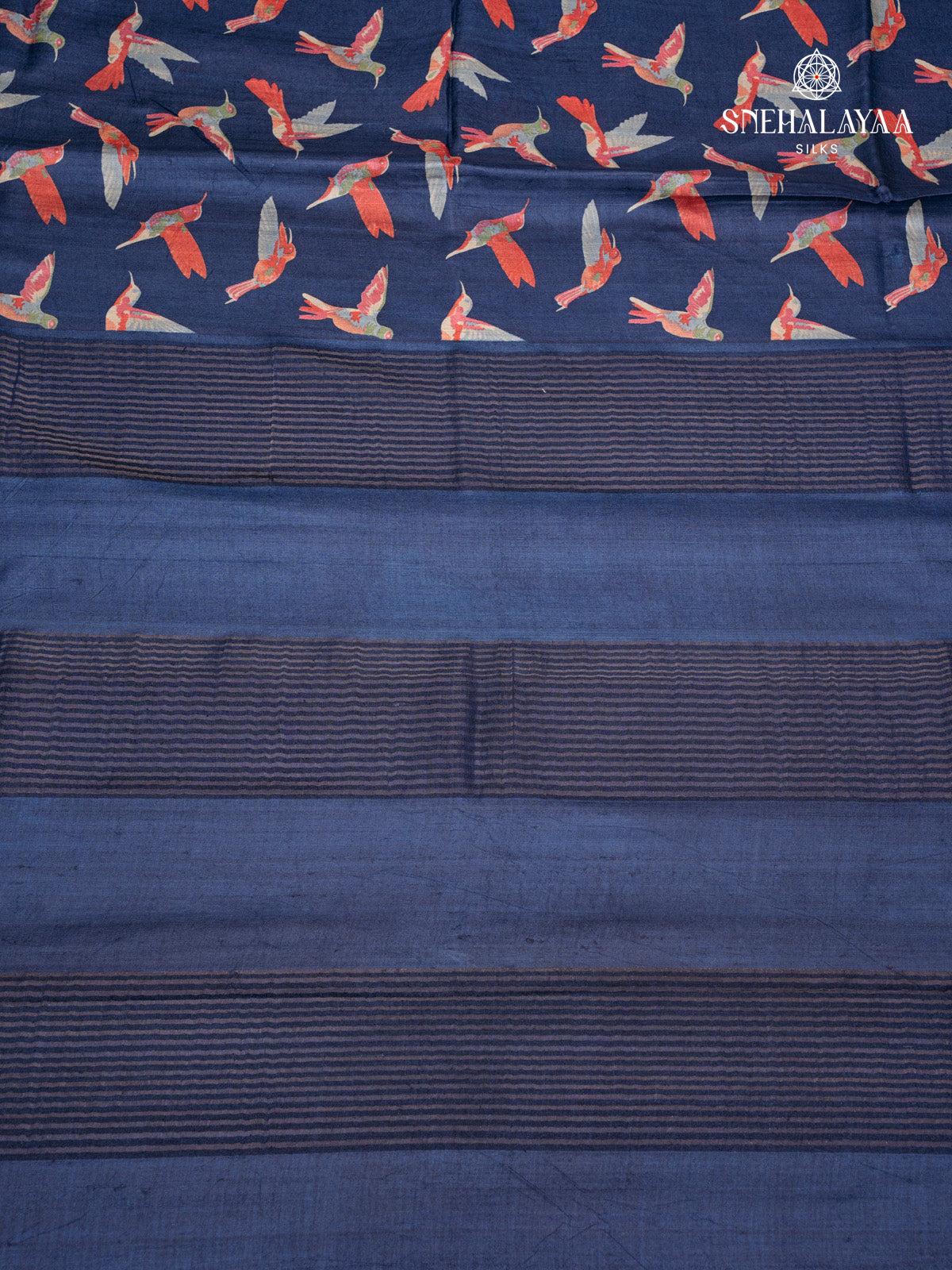 Navy Blue Printed Tussar Saree
