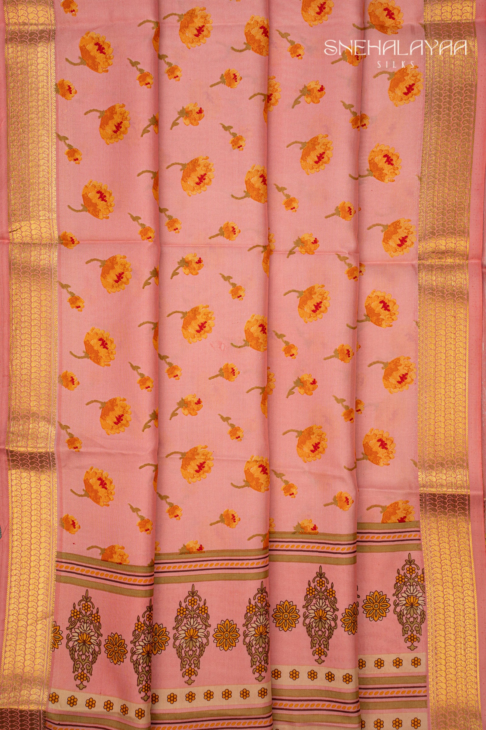 Pink Printed Mysore Silk Saree