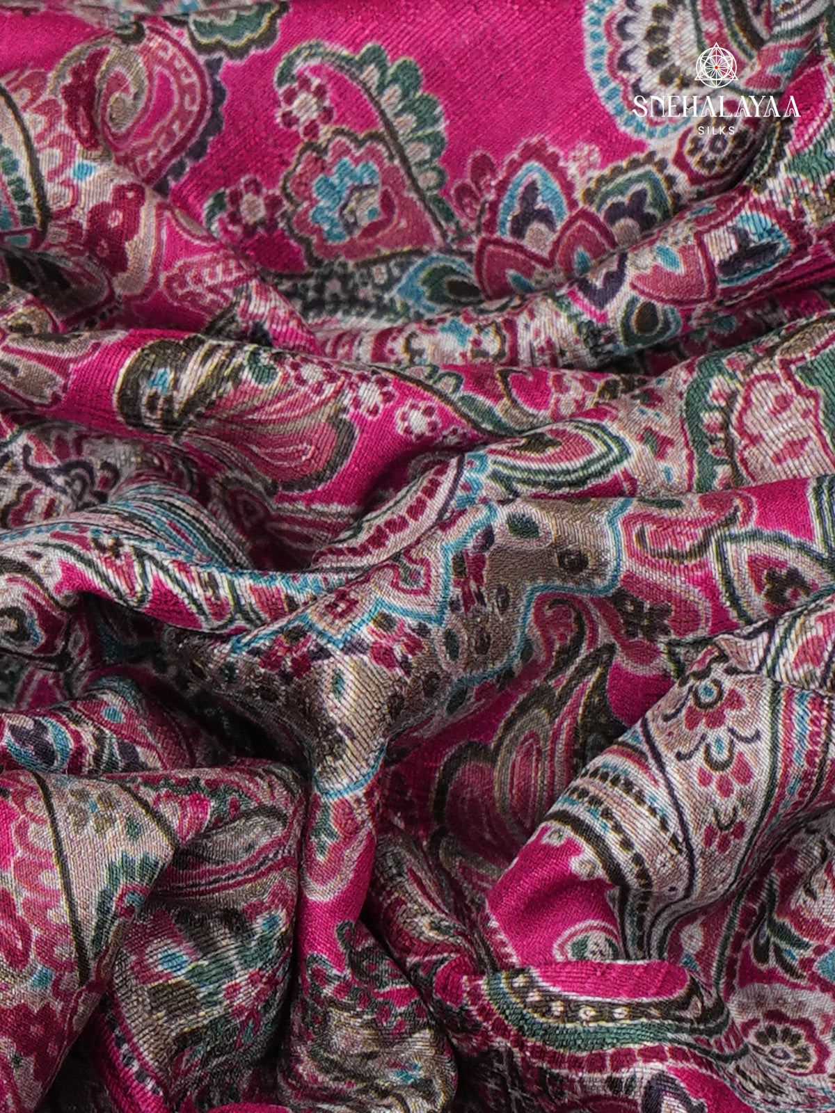 Rani Pink Floral Printed Tussar Saree