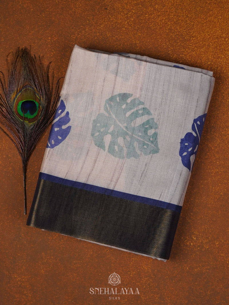 Cream Munga Tussar Saree with Navy Blue Border