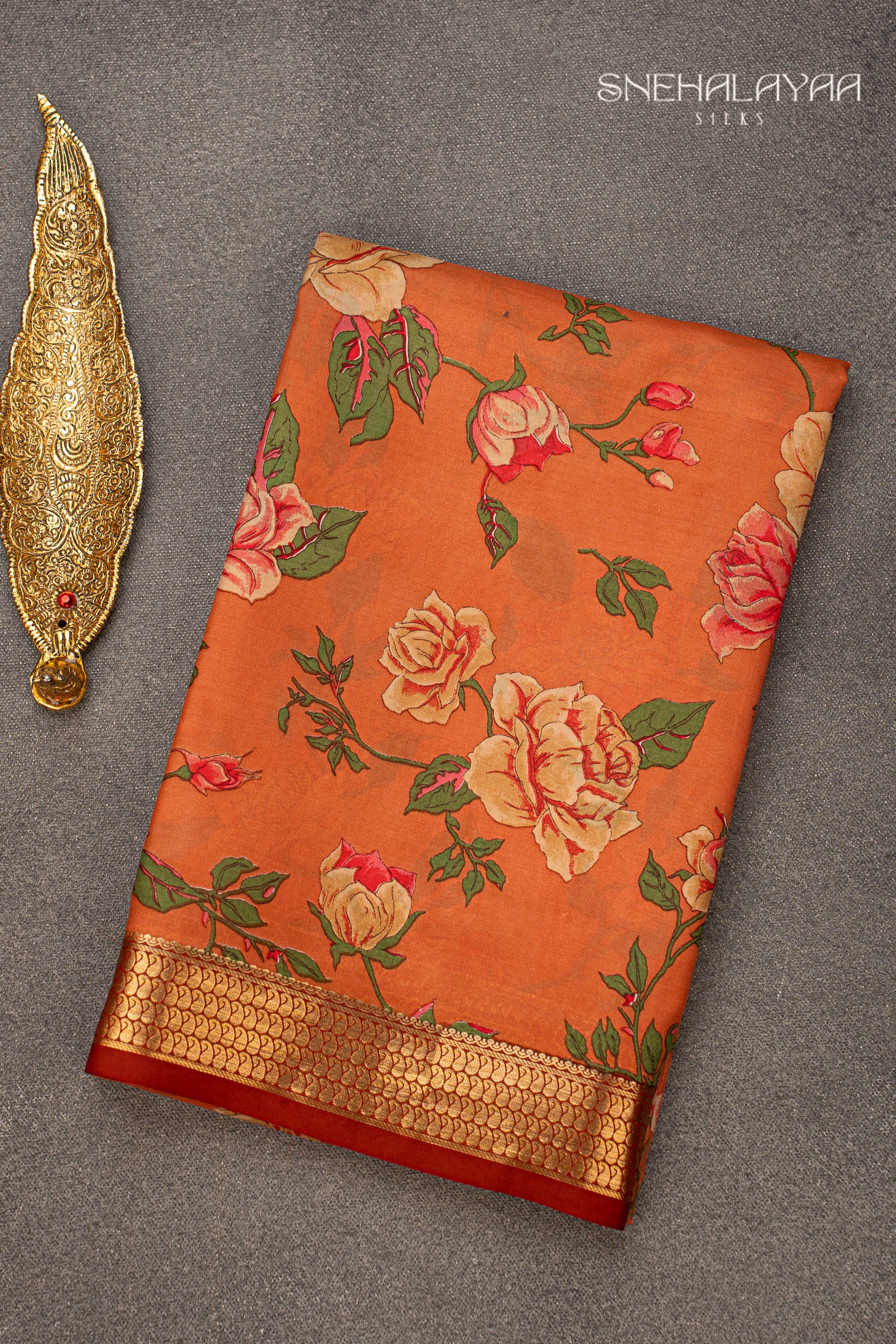 Orange Printed Mysore Silk Saree