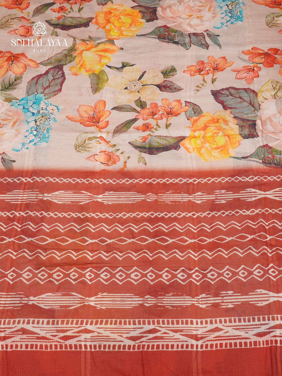 Beige Printed Linen Cotton Saree