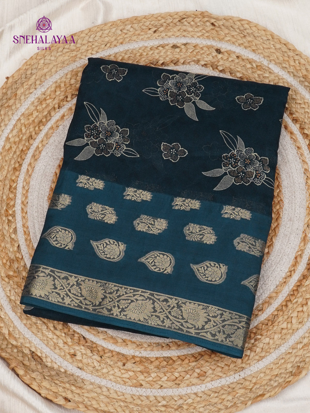 Peacock Blue Printed Matka Saree