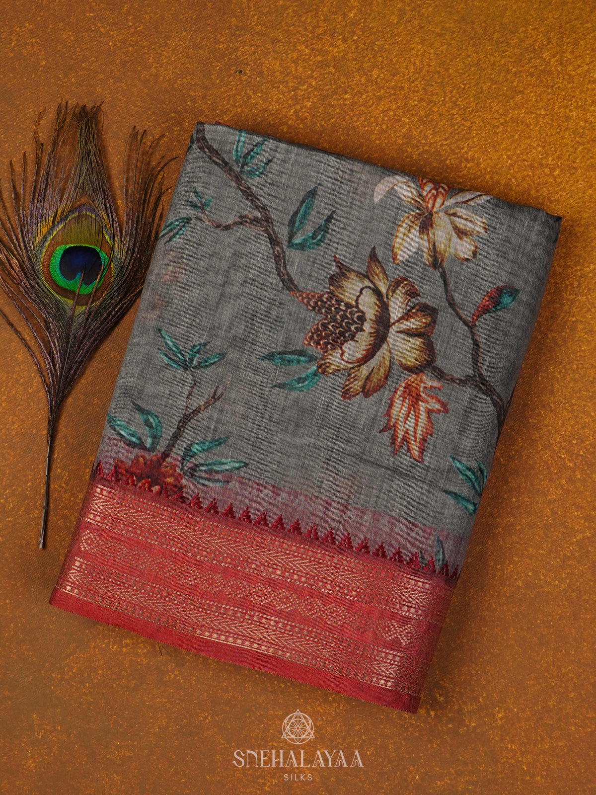 Grey Printed Linen Saree
