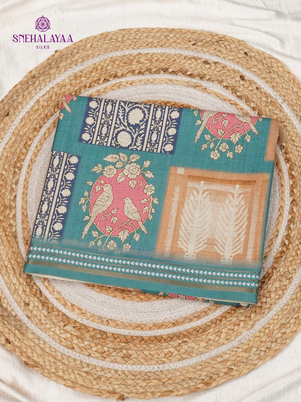 Teal Blue Floral Printed Tussar Saree