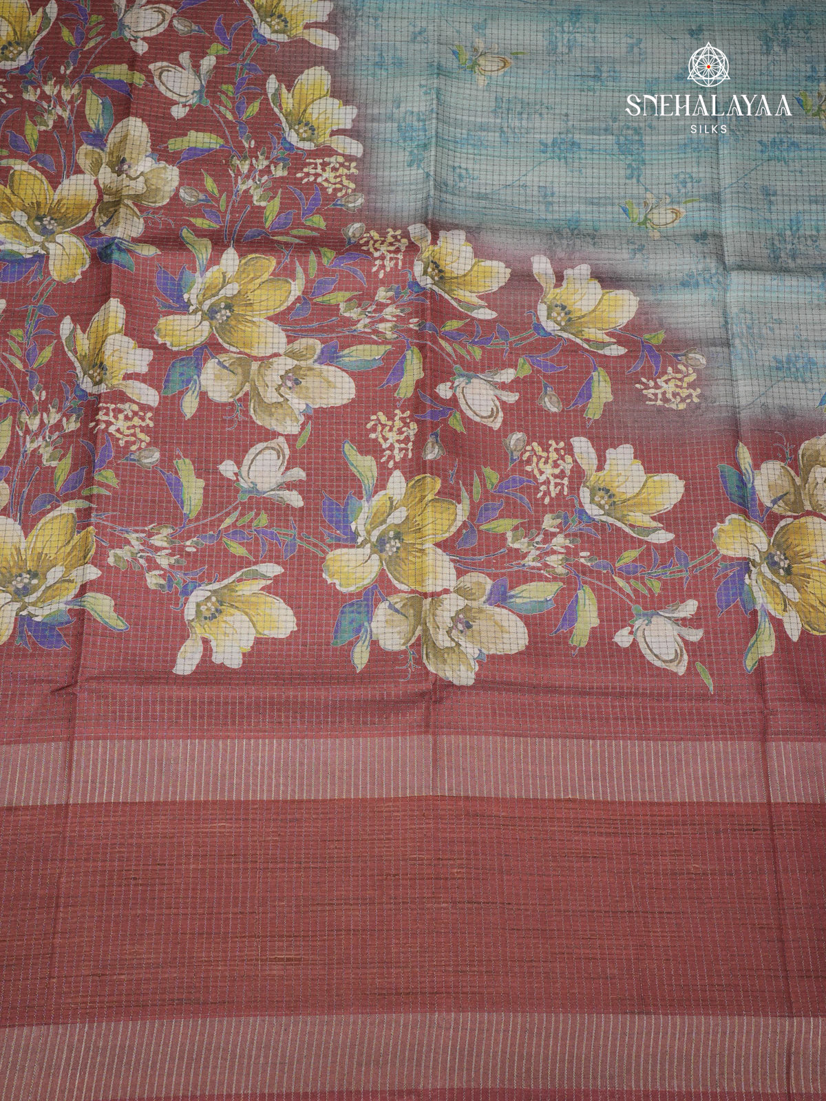 Teal Blue With Maroon Border Floral Printed Tussar Saree