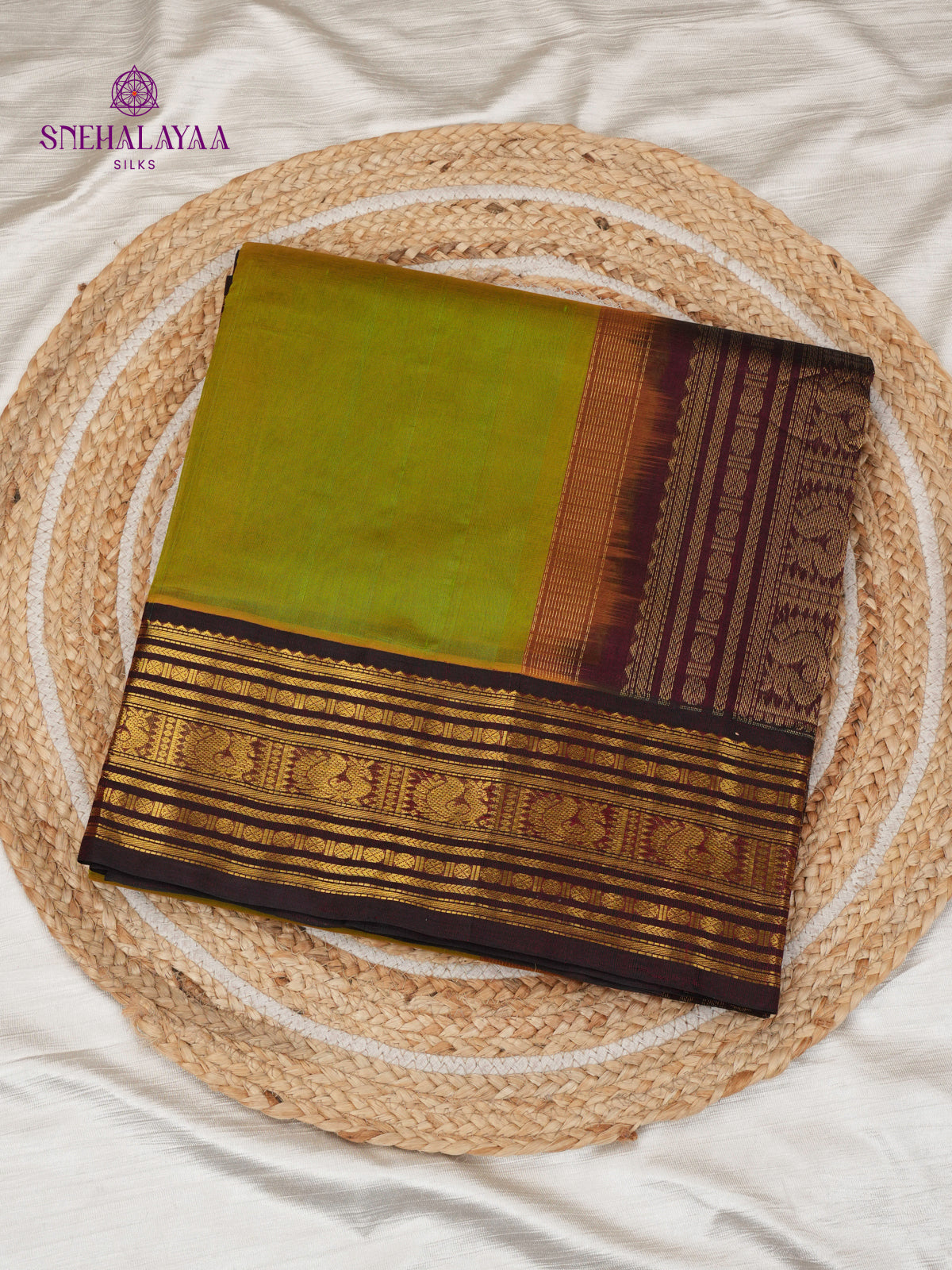 Parrot Green Kuppadam Silk Cotton Saree with Maroon Zari Temple Border