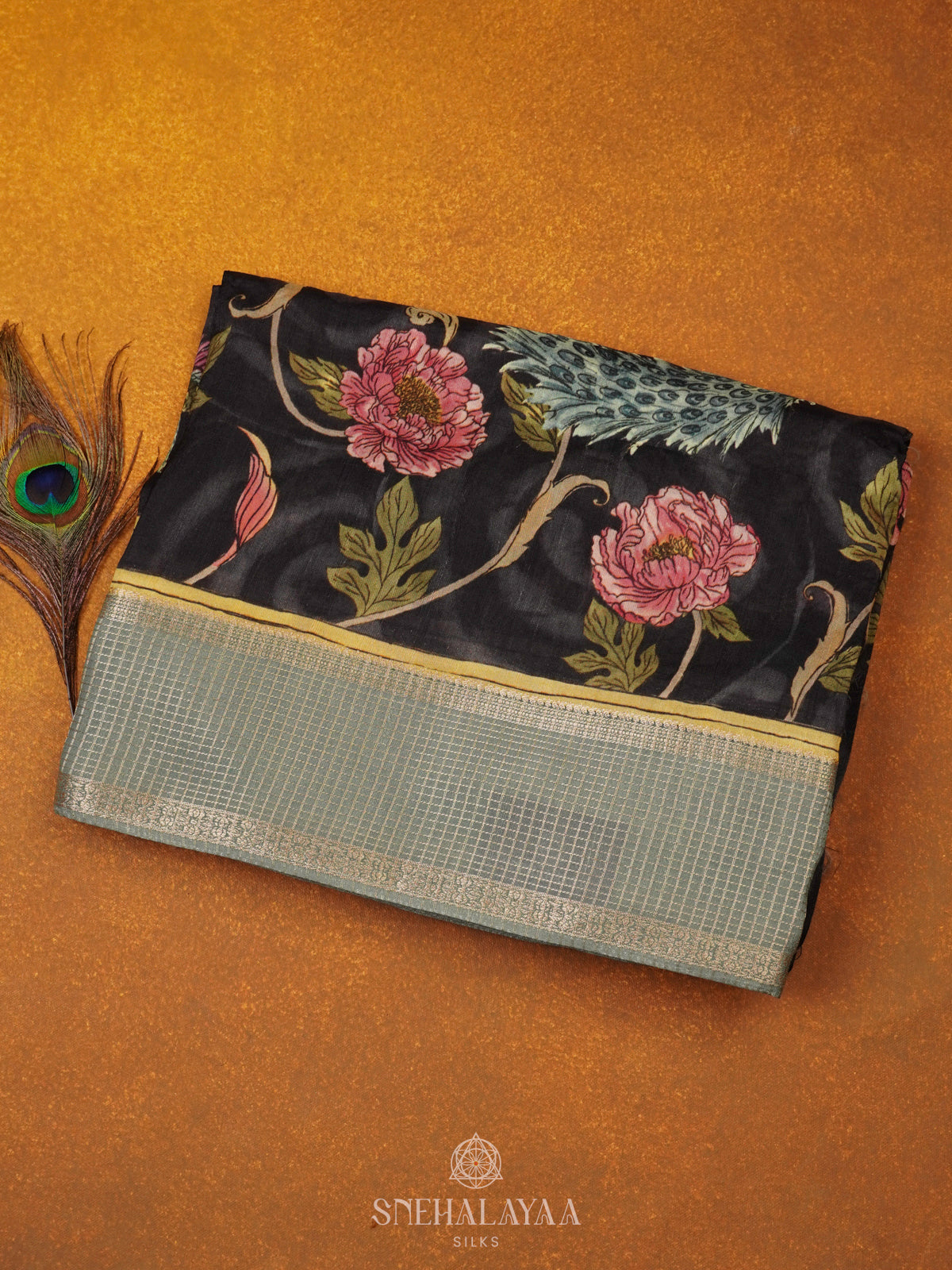 Black Floral Printed Banaras Matka Saree