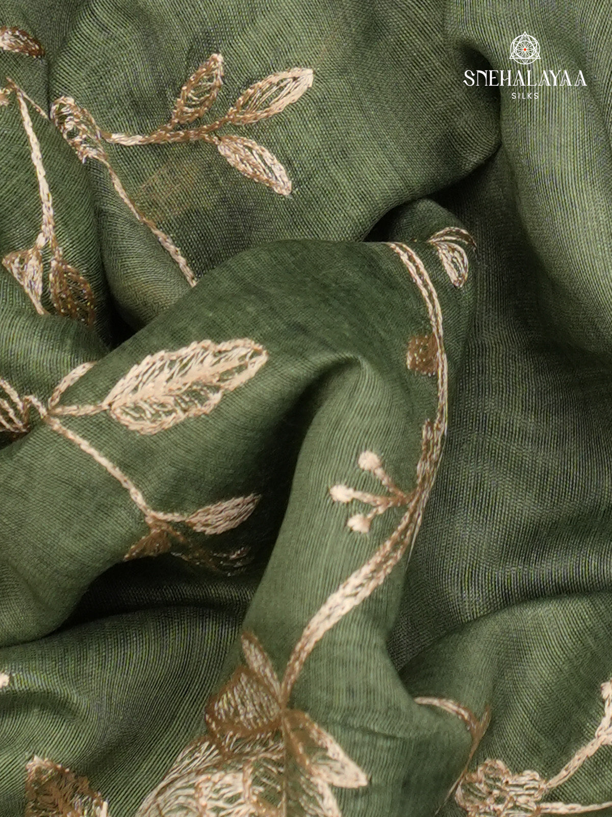 Bottle Green Linen Embroidery Saree