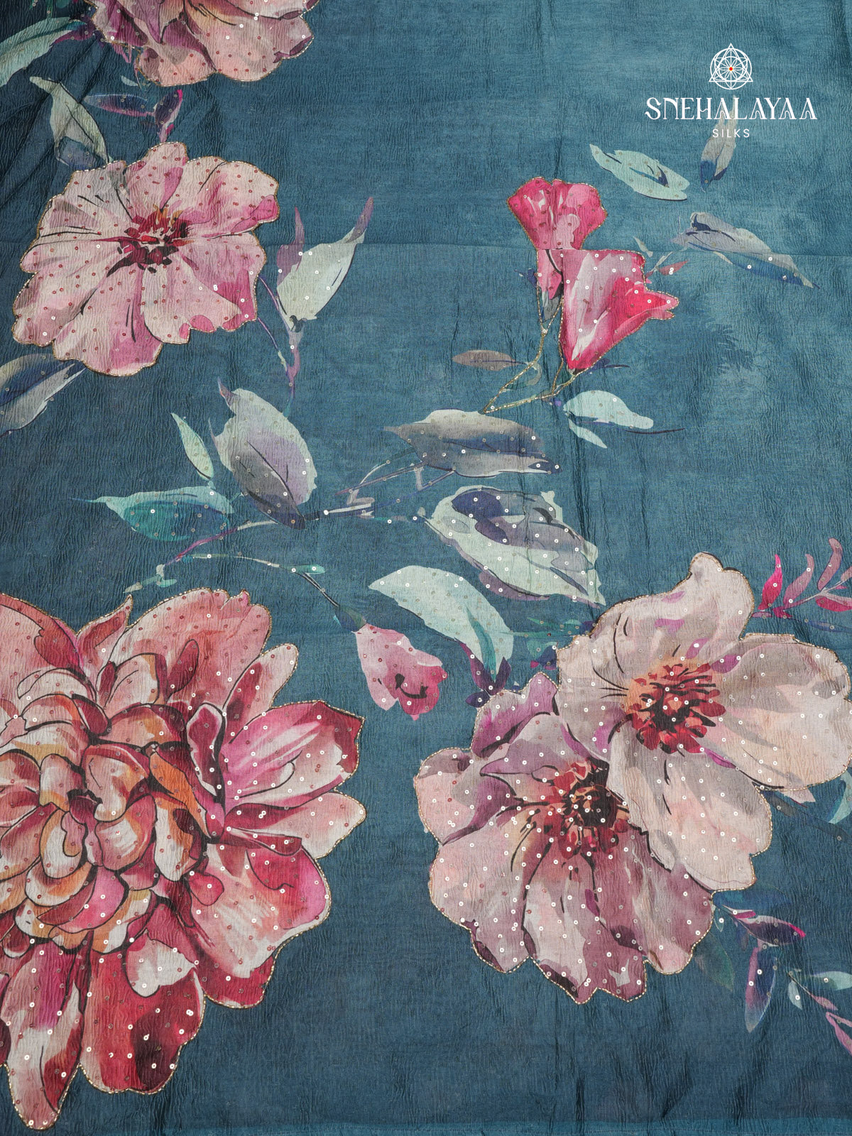 Teal Blue Crush Embroidery Saree