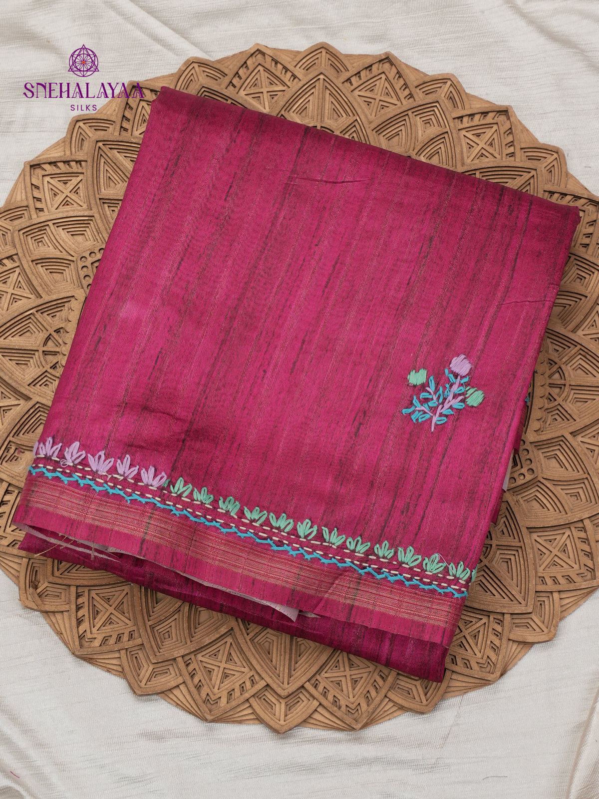 Magenta Tussar Embroidery Saree