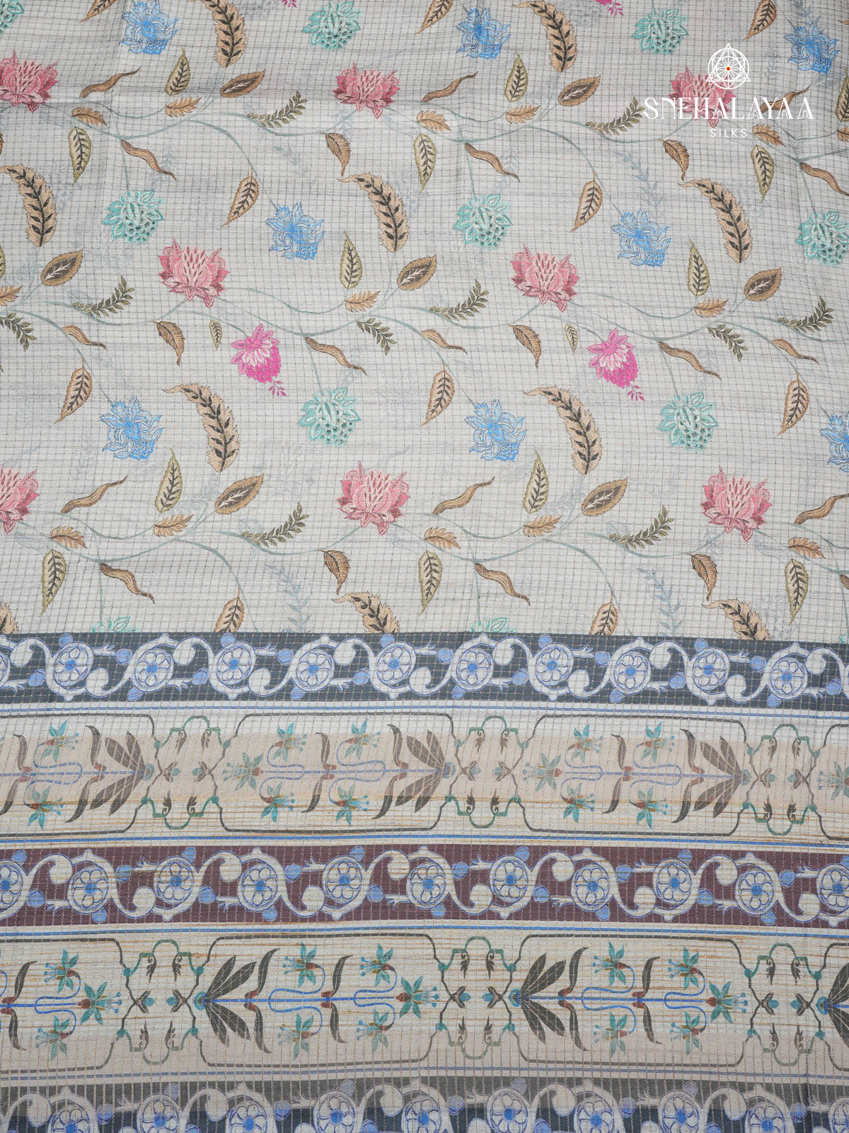 Blue Floral Printed Tussar Saree