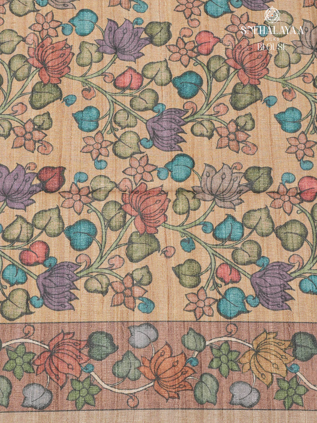 Forest Green Floral Printed Tussar Saree