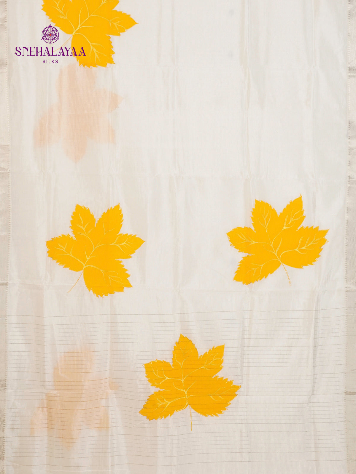 Off White Mangalagiri Silk Cotton Saree with Hand Painted Yellow Leaf Motifs