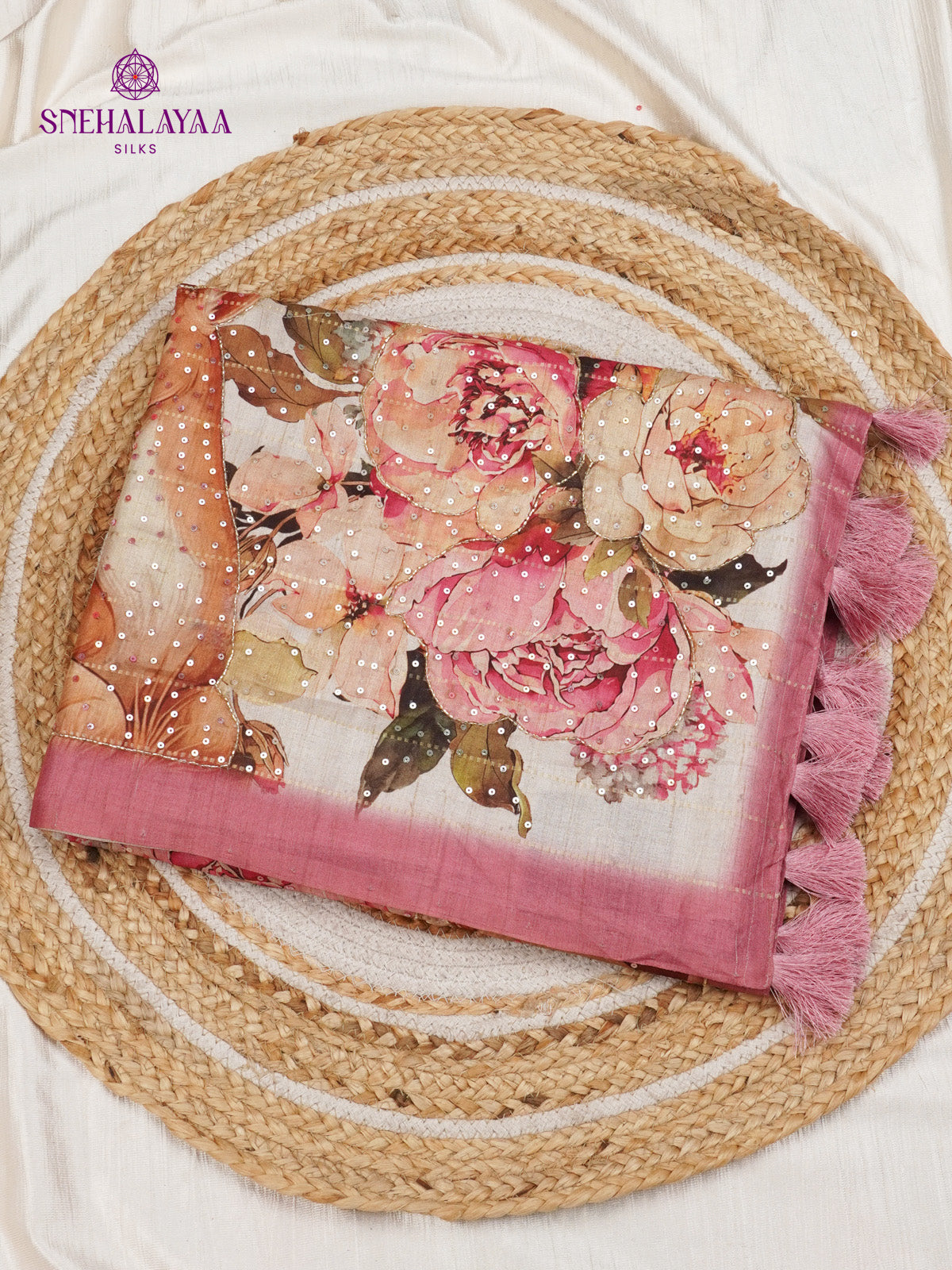 Beige Tussar Embroidery Saree