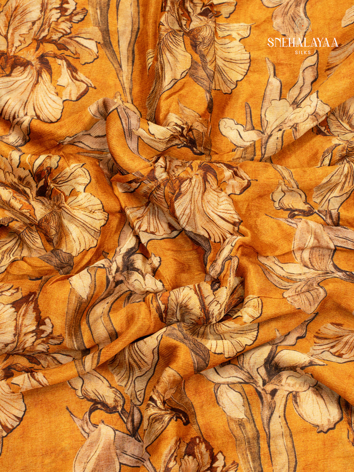 Mustard Yellow Printed Chiffon Saree