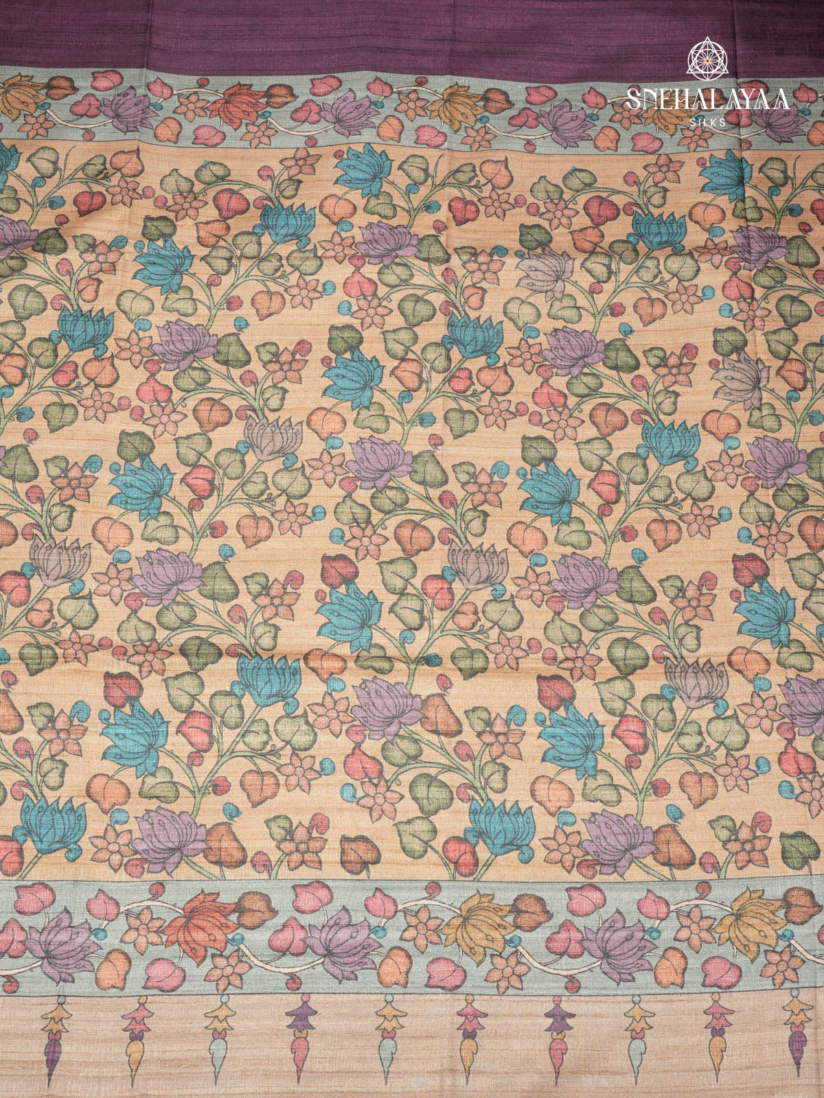 Purple Floral Printed Tussar Saree