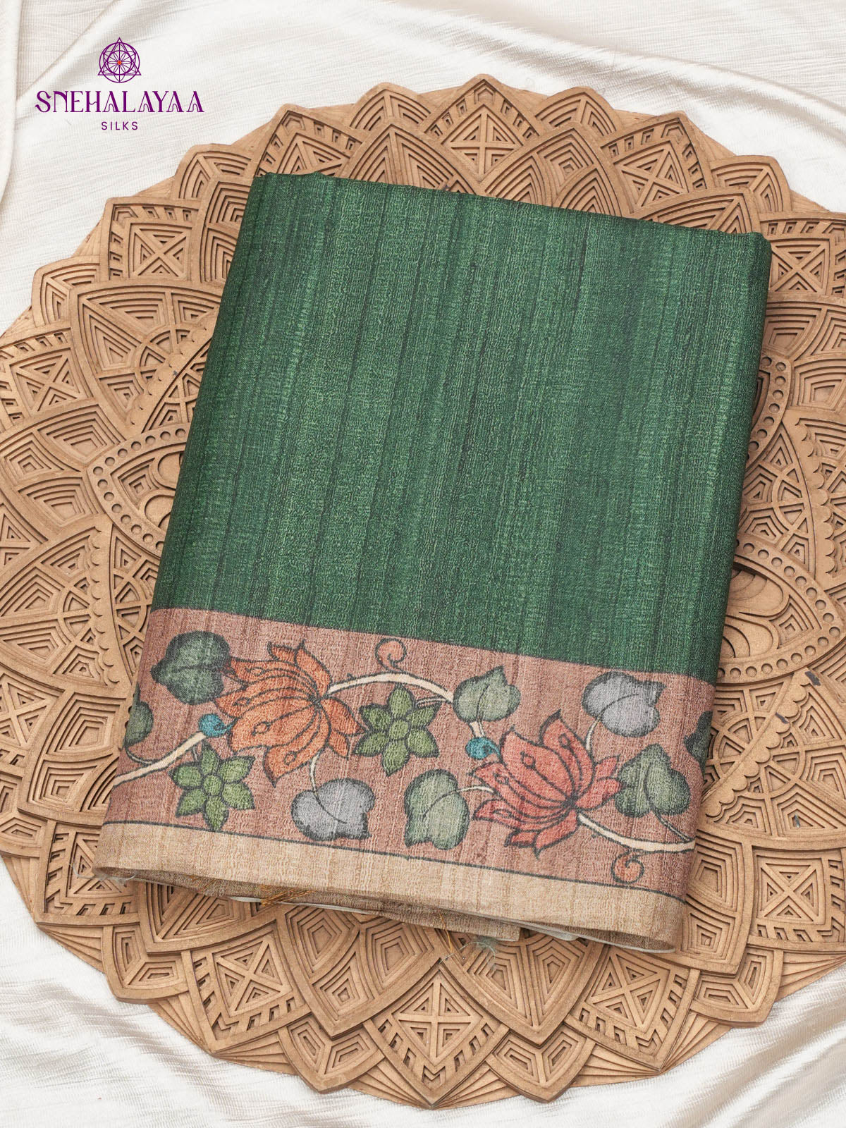 Forest Green Floral Printed Tussar Saree