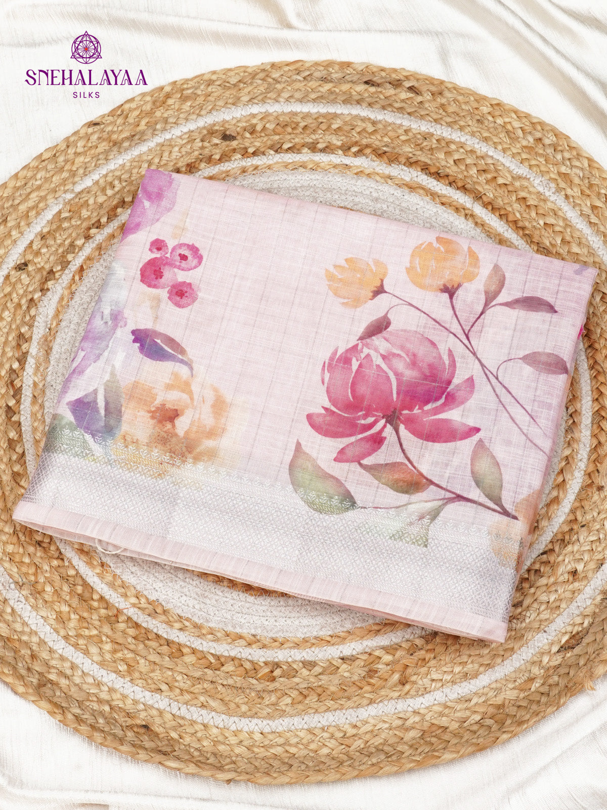 Pastel Pink Printed Linen Saree