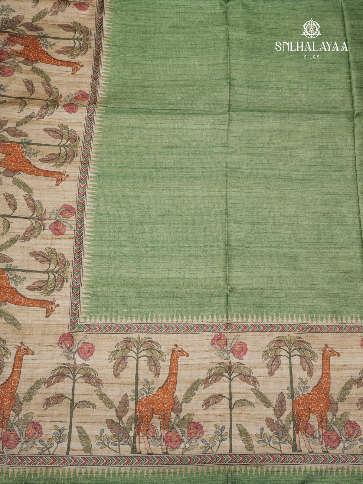 Green Floral Printed Tussar Saree