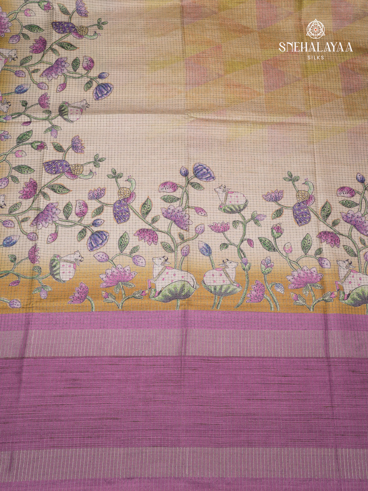 Mustard Floral Printed Tussar Saree