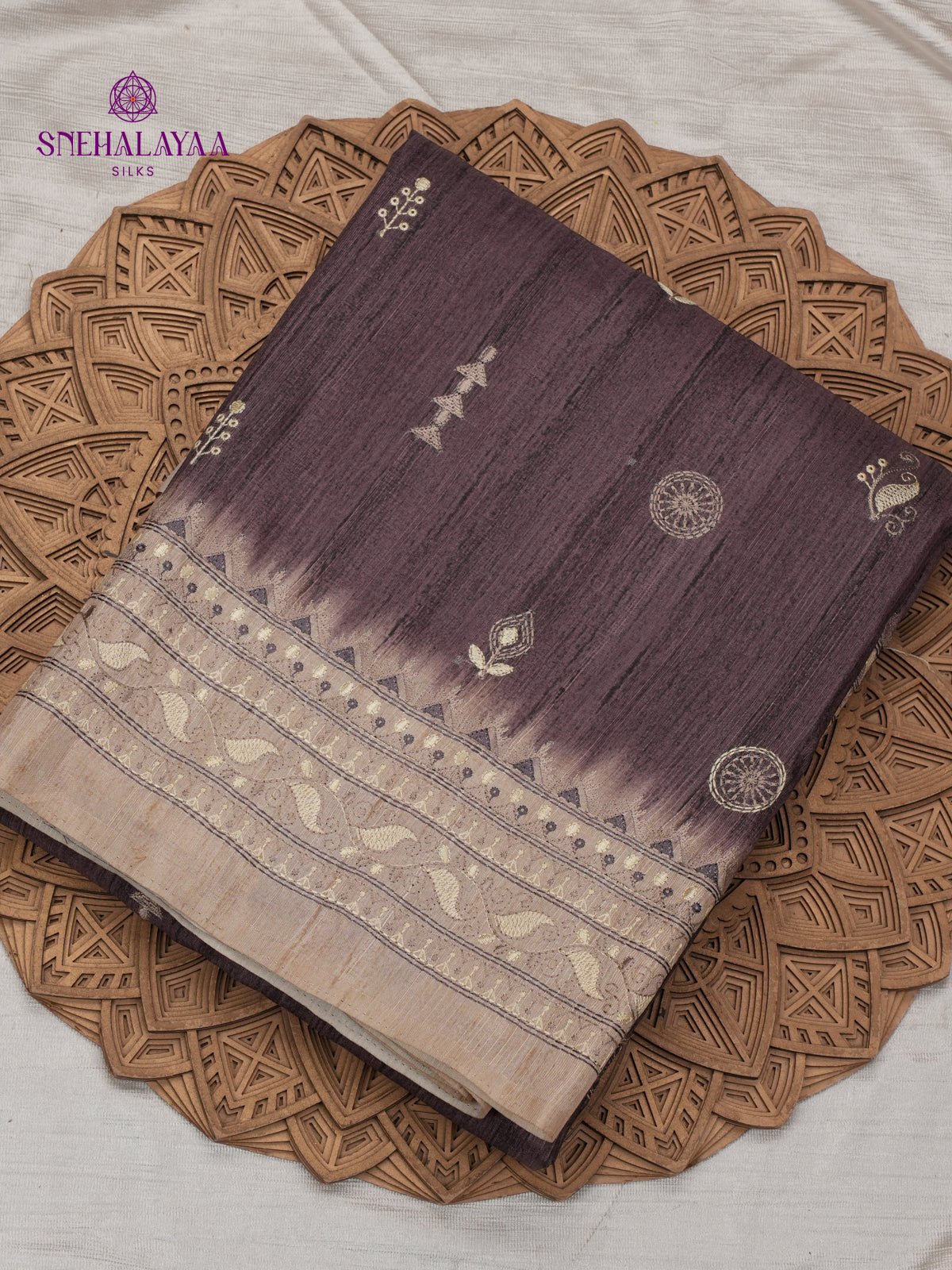 Brown Tussar Embroidery Saree